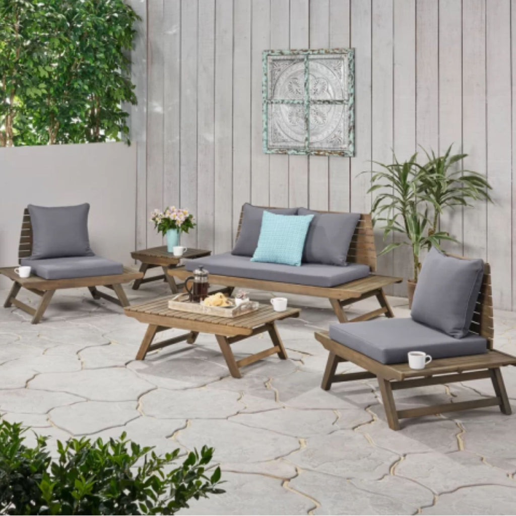 Aticus - 4 Person Outdoor Seating Group With Cushions, Slatted Club Chair - Dark Gray