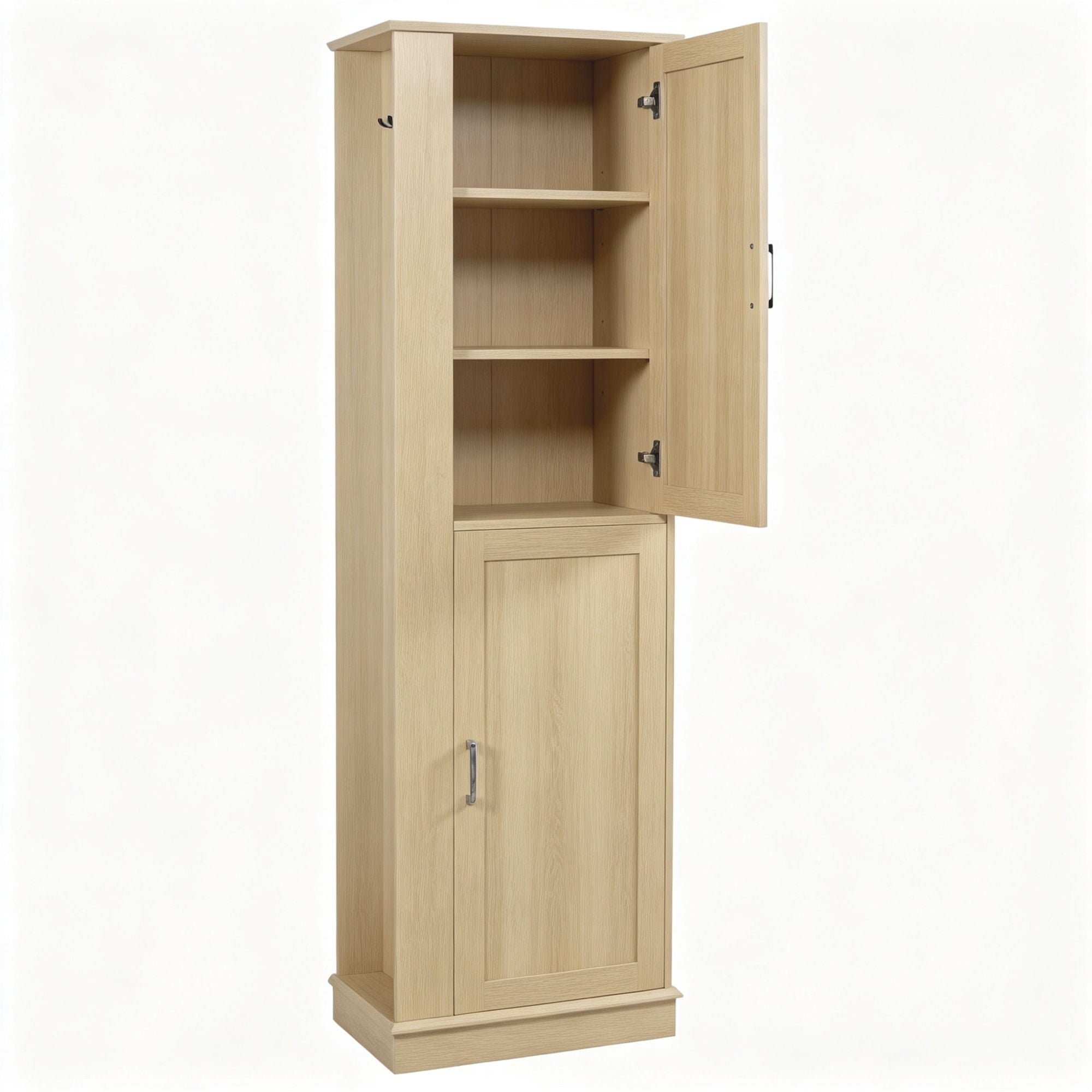 Tall Freestanding Bathroom Storage Cabinet With Adjustable Shelves And Side Hooks