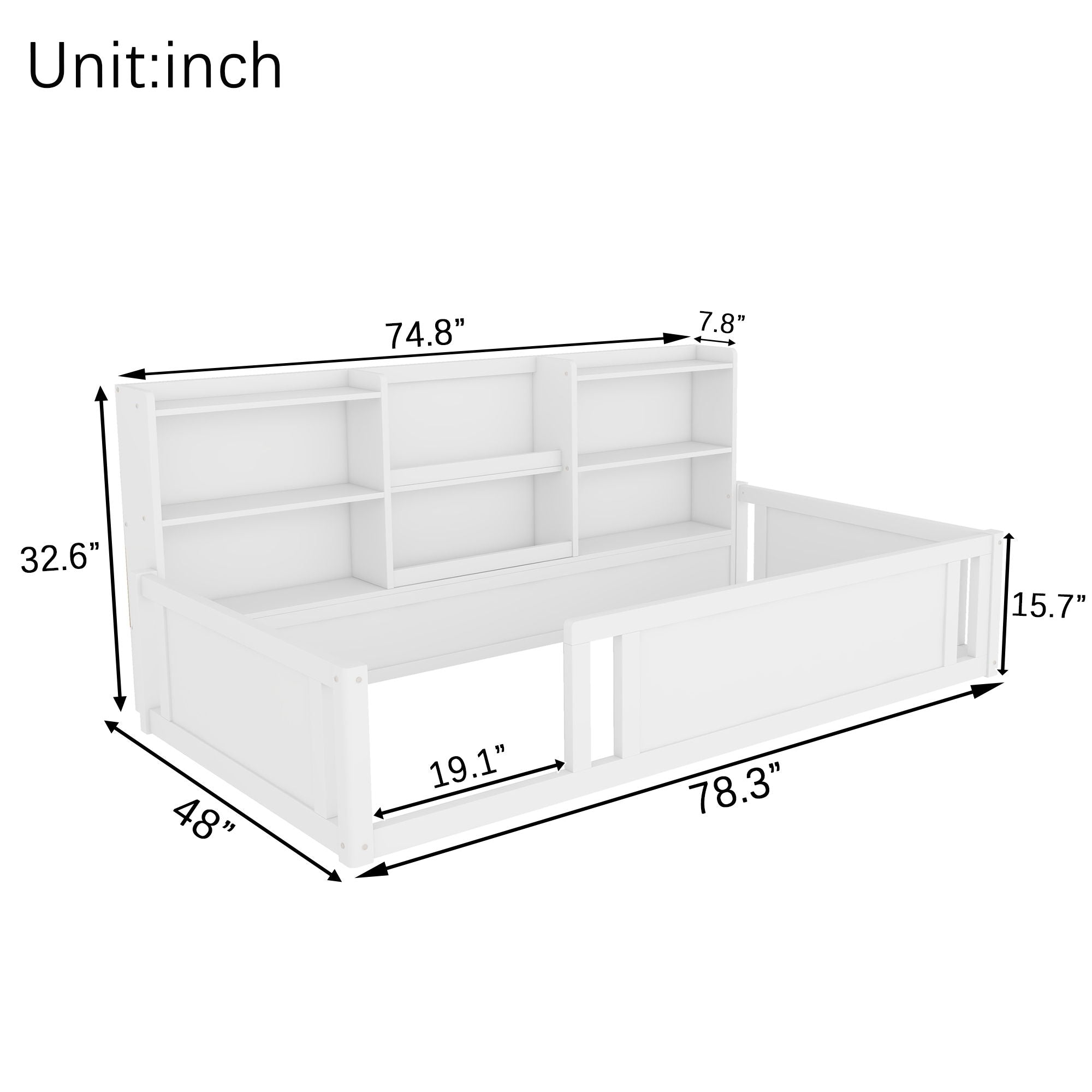 Platform Floor Bed With Guardrail Fence And Side Storage Shelves