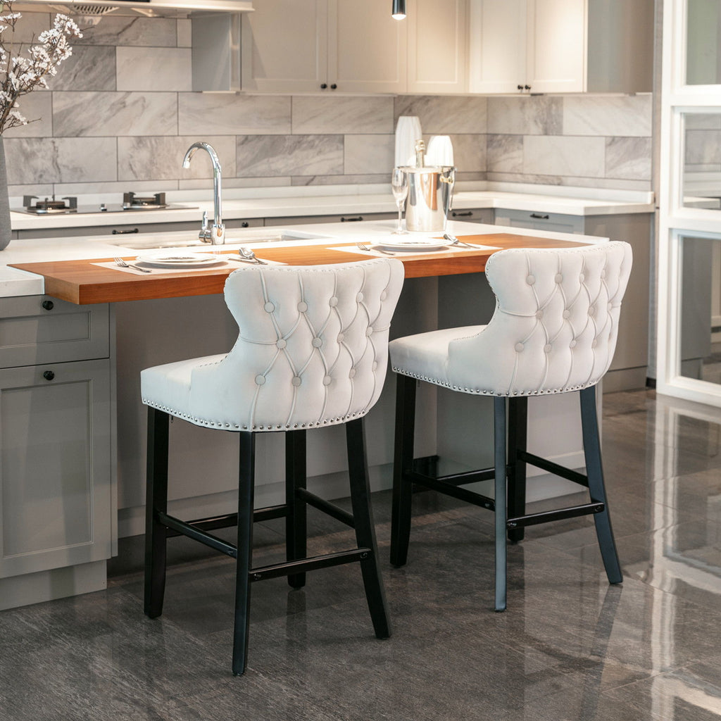 Contemporary Upholstered Wing-Back Barstools With Button Tufted Decoration And Wooden Legs, And Nailhead Trim, Leisure Style Bar Chairs, Bar Stools (Set of 2)