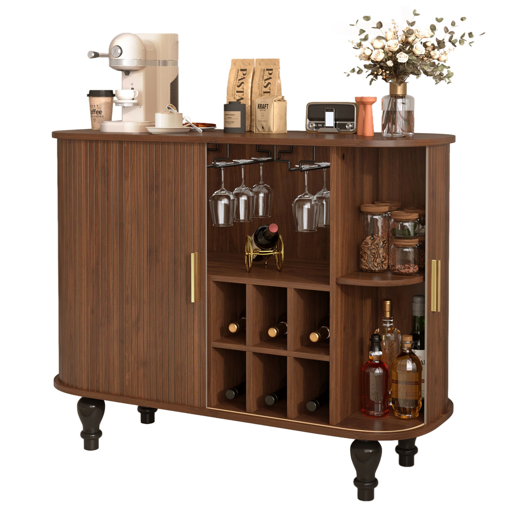 Fluted Liquor & Coffee Bar Cabinet With 6 Wine Racks And 3 Glass Holders