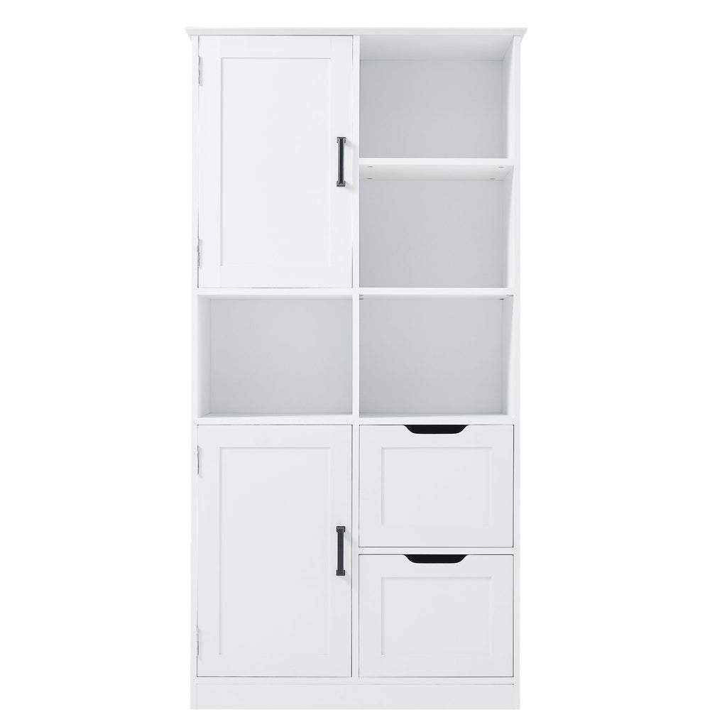 Freestanding Bathroom Storage Cabinet With Doors And Drawers, Adjustable Shelf, Open Shelves - White