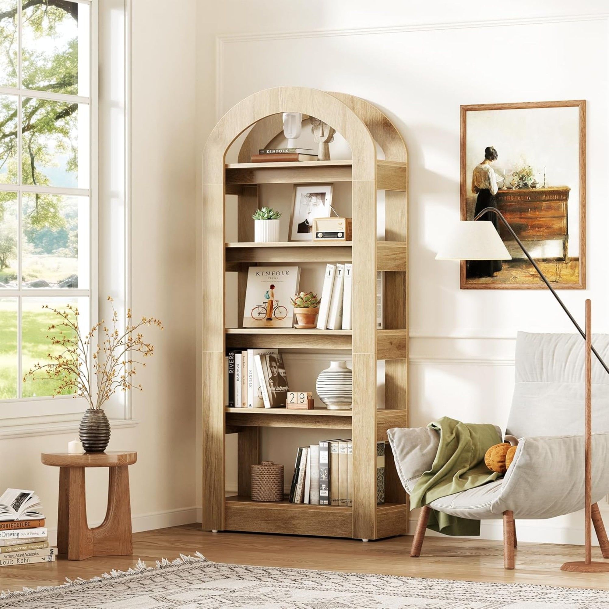 Arched 5 Tier Bookshelf, Deep Storage - Teak