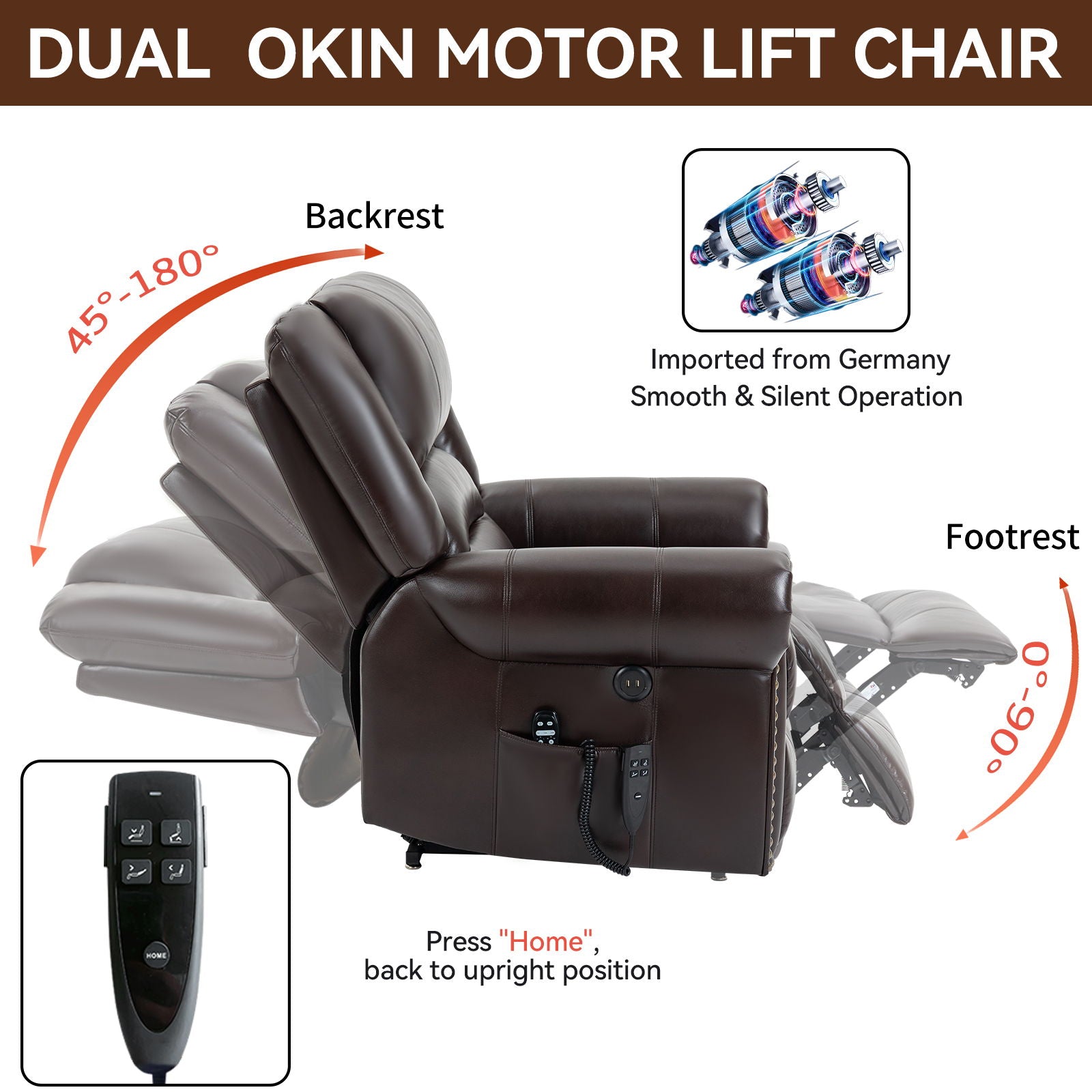 Power Lift Recliner Chair Heat Massage Dual Motor Infinite Position With USB Ports - Antique Brown