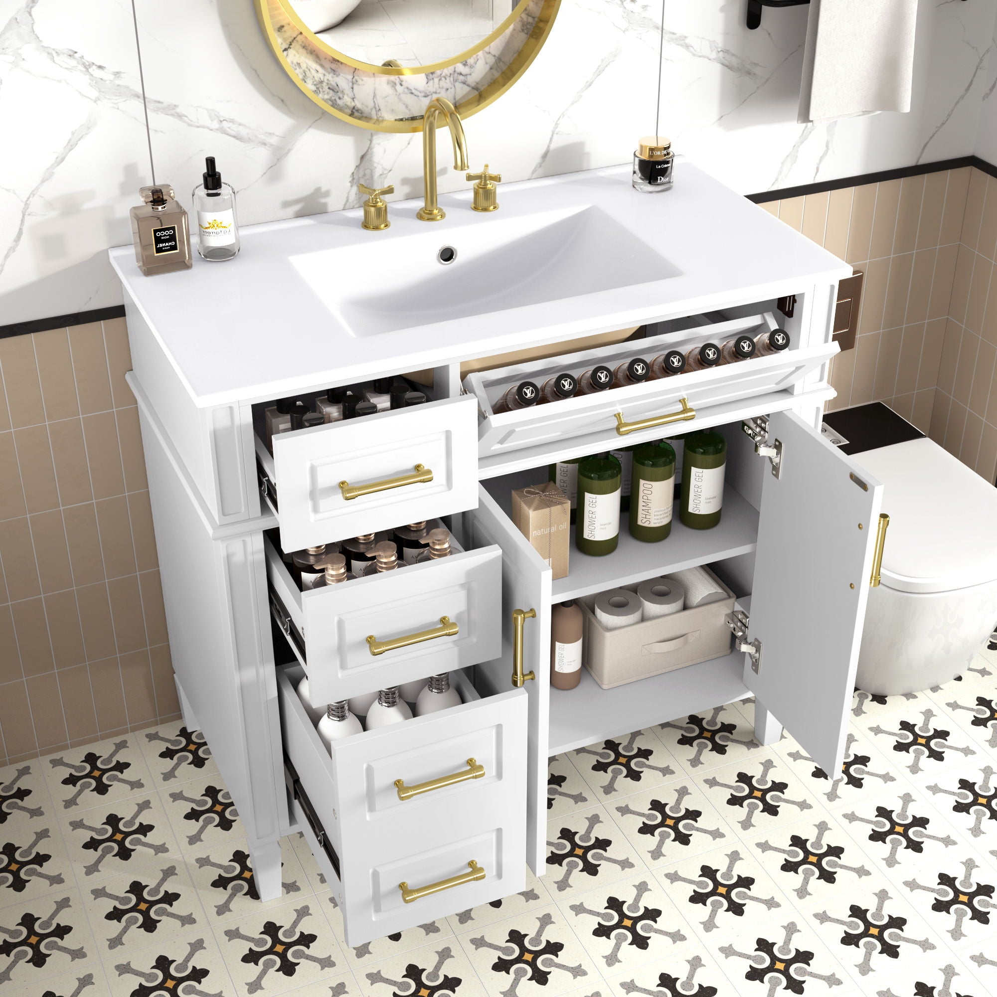 Bathroom Vanity With Sink, 4 Drawers, 2 Doors