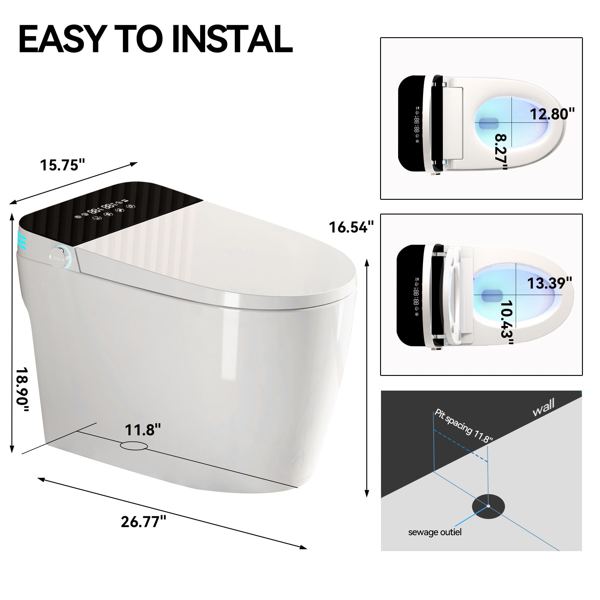 Smart Heated Bidet Toilet With Auto Open / Close Seat, Warm Water Wash, Dryer, And LED Display - White
