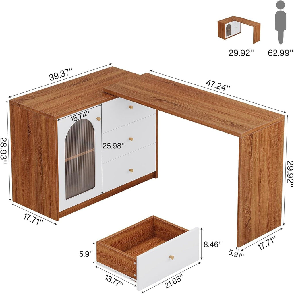 L - Shaped Computer Desk With Drawers, Reversible Corner Workstation For Home Office - Brown / White