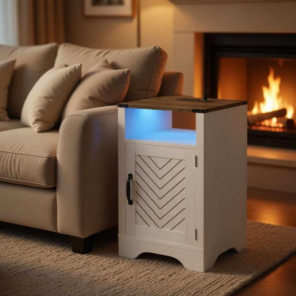 Farmhouse Nightstand With Charging Station & Storage