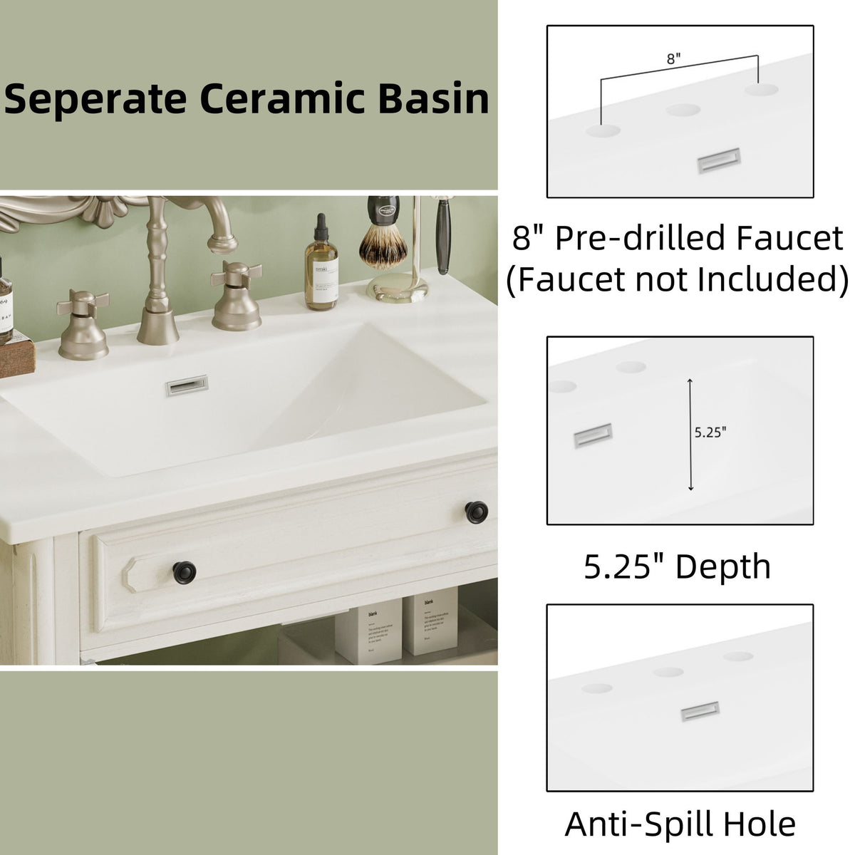 Vintage Bathroom Vanity With Sink, Rustic Cabinet With Soft Close Doors