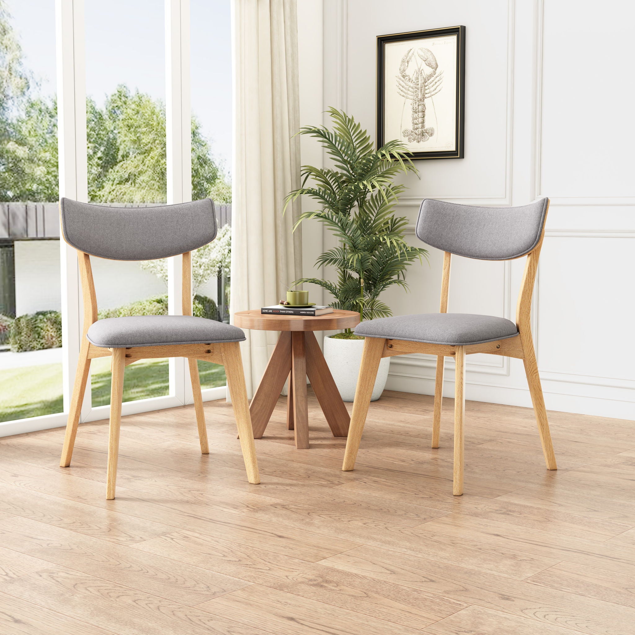 Mid Century Fabric Dining Chairs With Natural Oak (Set of 2) - Dark Gray