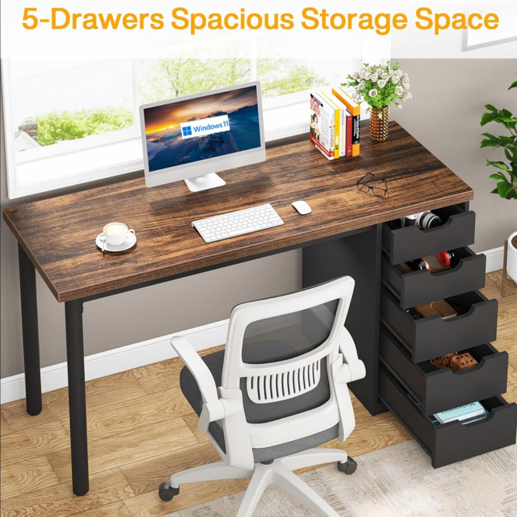 Computer Desk With 5 Drawers, Reversible Cabinet Design