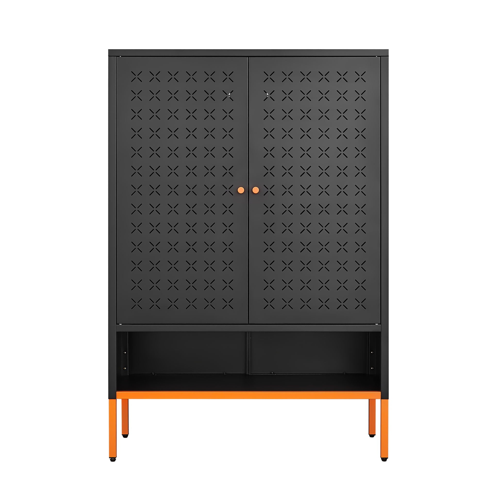Grid Double Door Shoe Cabinet With Adjustable Compartments And Moisture-Proof Design In Metal
