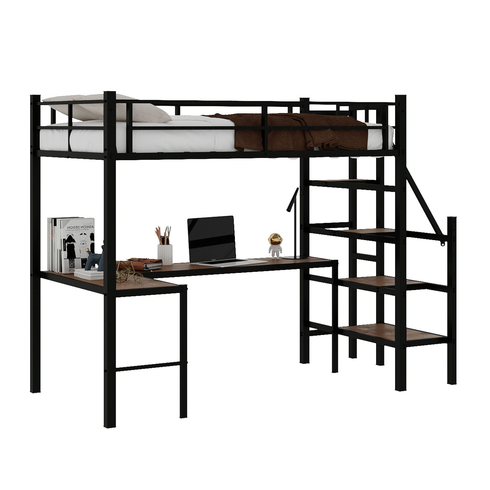 Loft Bed & L-Shaped Desk, Large Storage Space