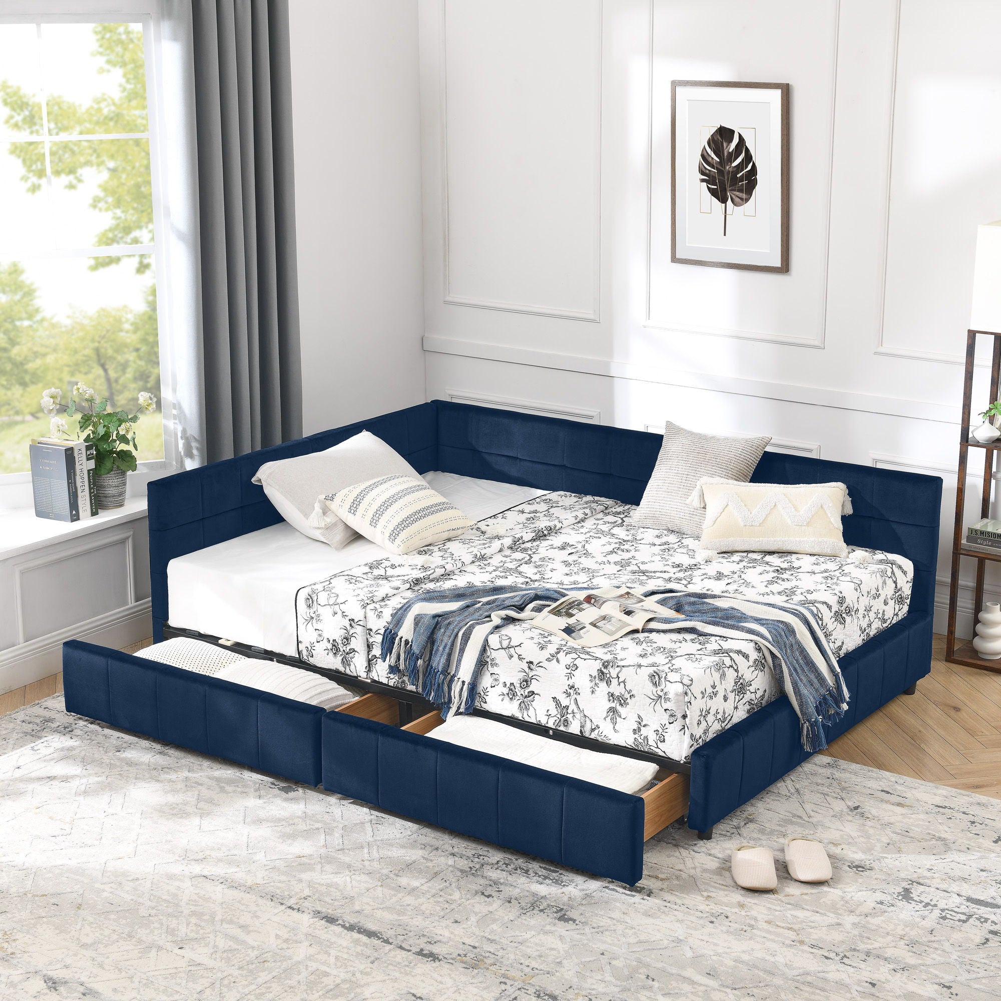 Elegant Design Storage Upholstered Tufted Bed Frame With Backrest And Armrests