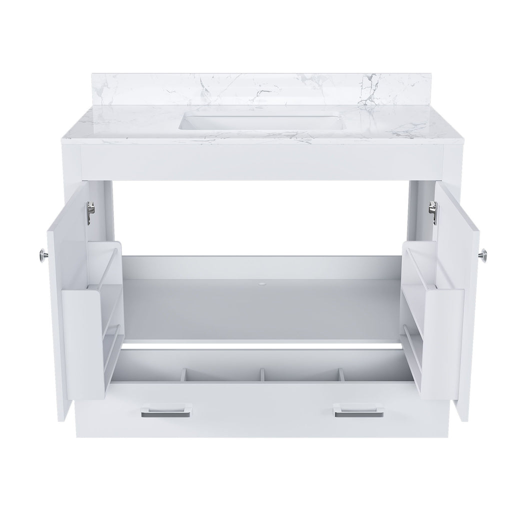 43" Bathroom Vanity With Artificial Marble Carrara Top Set, Multi Functional Cabinet With Doors And Drawer - White
