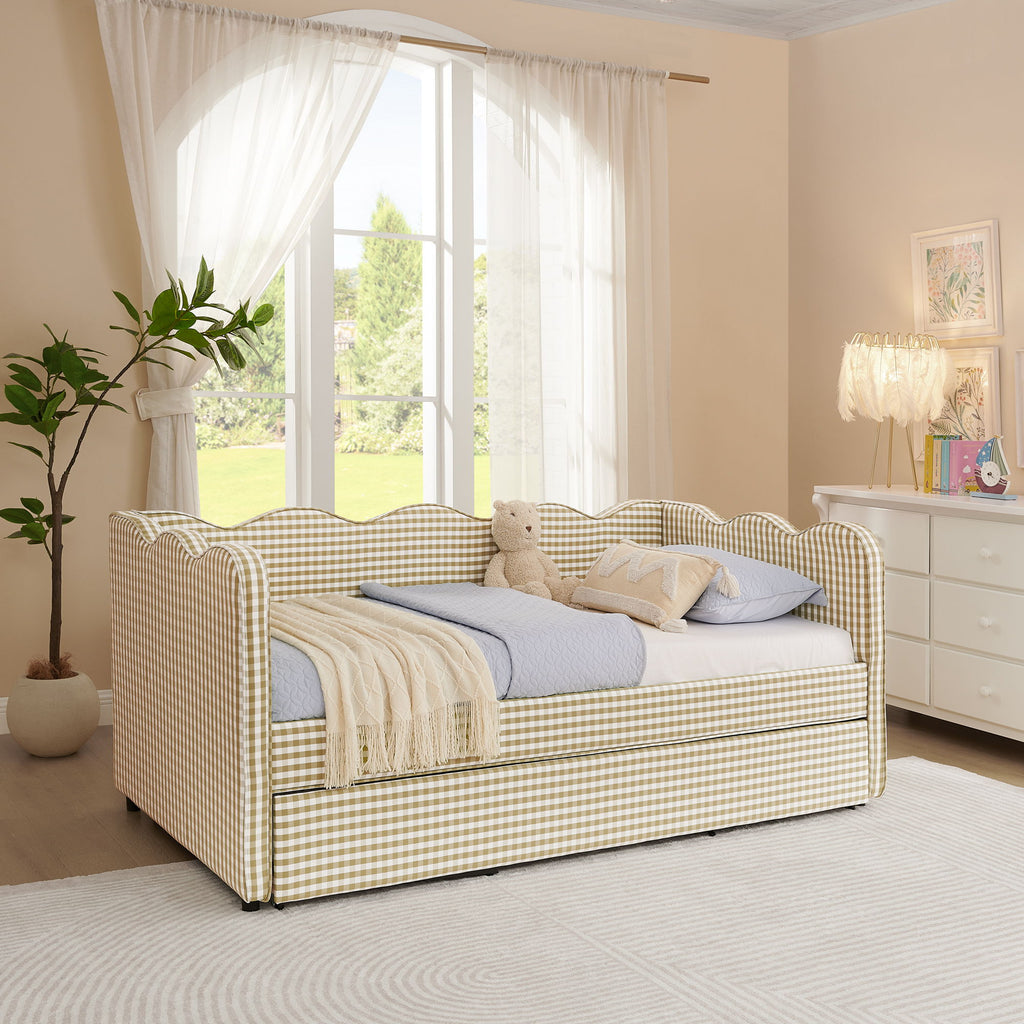 Gingham Daybed With USB Charging Port, Wave-Shaped Design