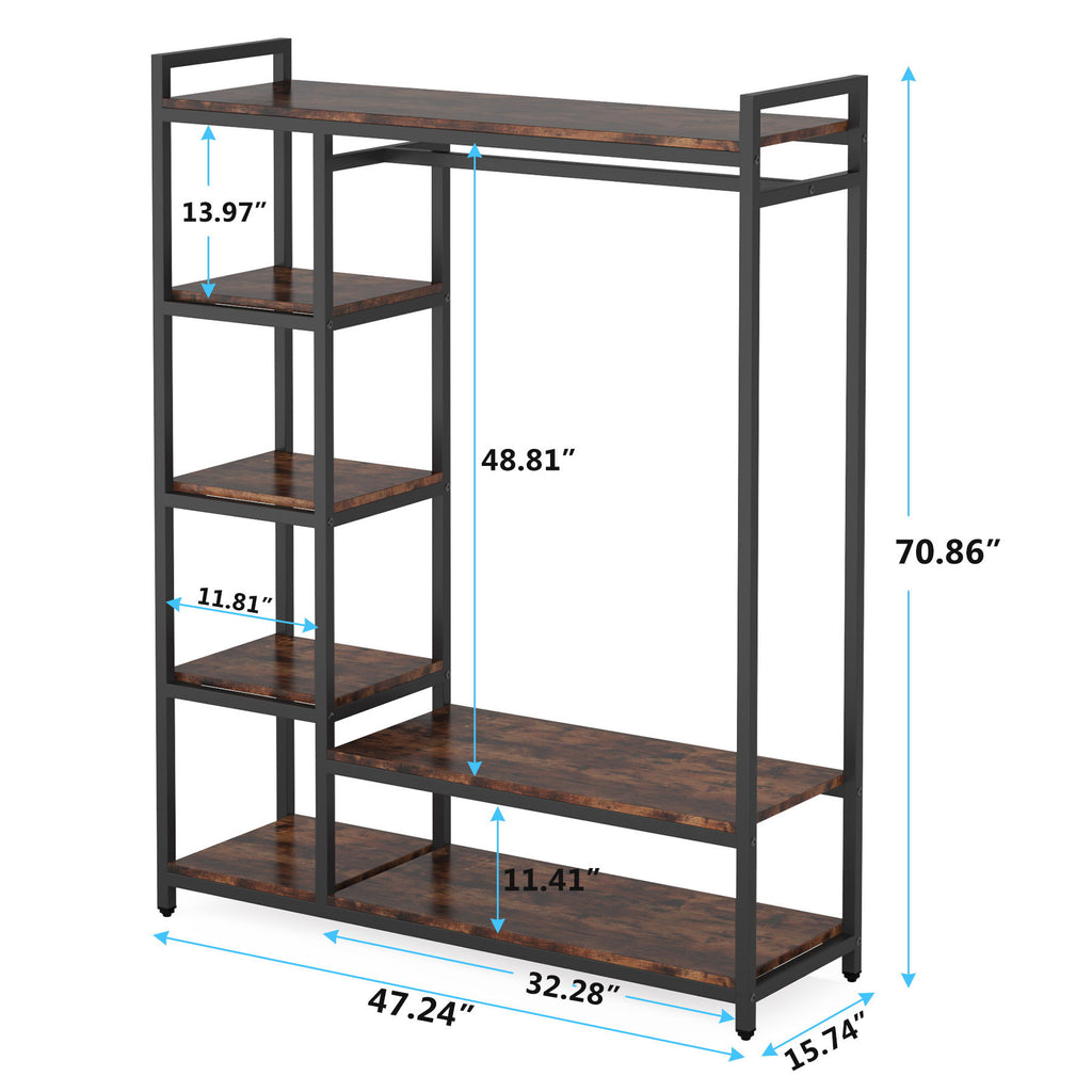 Free Standing Closet Organizer With 6 Shelves And Hanging Bar - Brown / Black