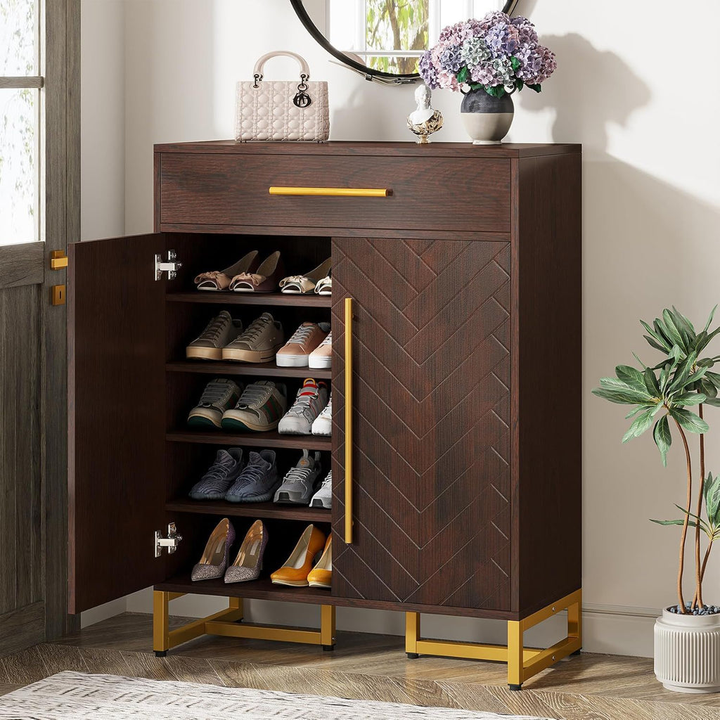 Shoe Cabinet With Doors, 6 Tier Storage Organizer - Dark Walnut