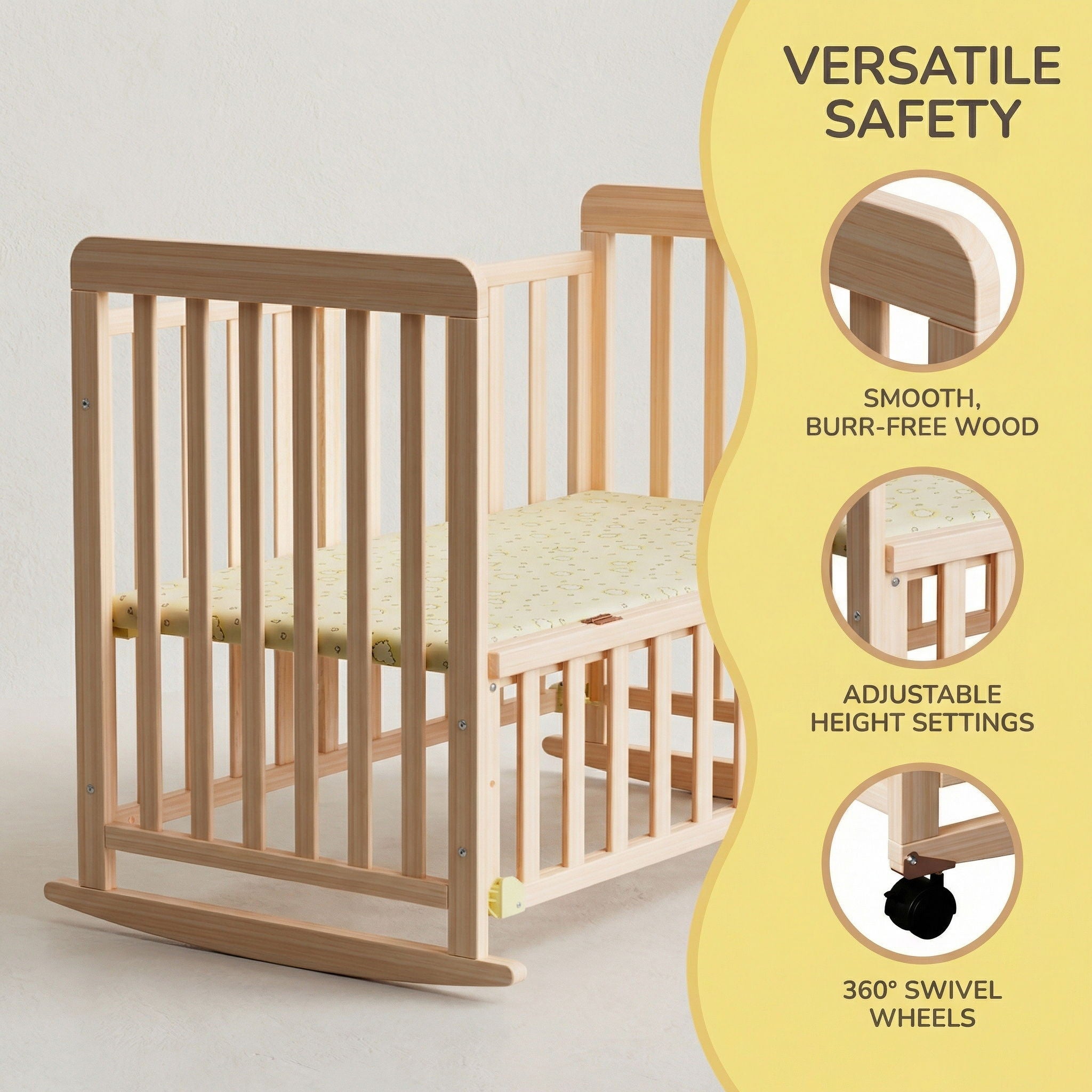 Portable Bedside Bassinet With 3 Heights, Mini Crib For Newborns - Natural Wood