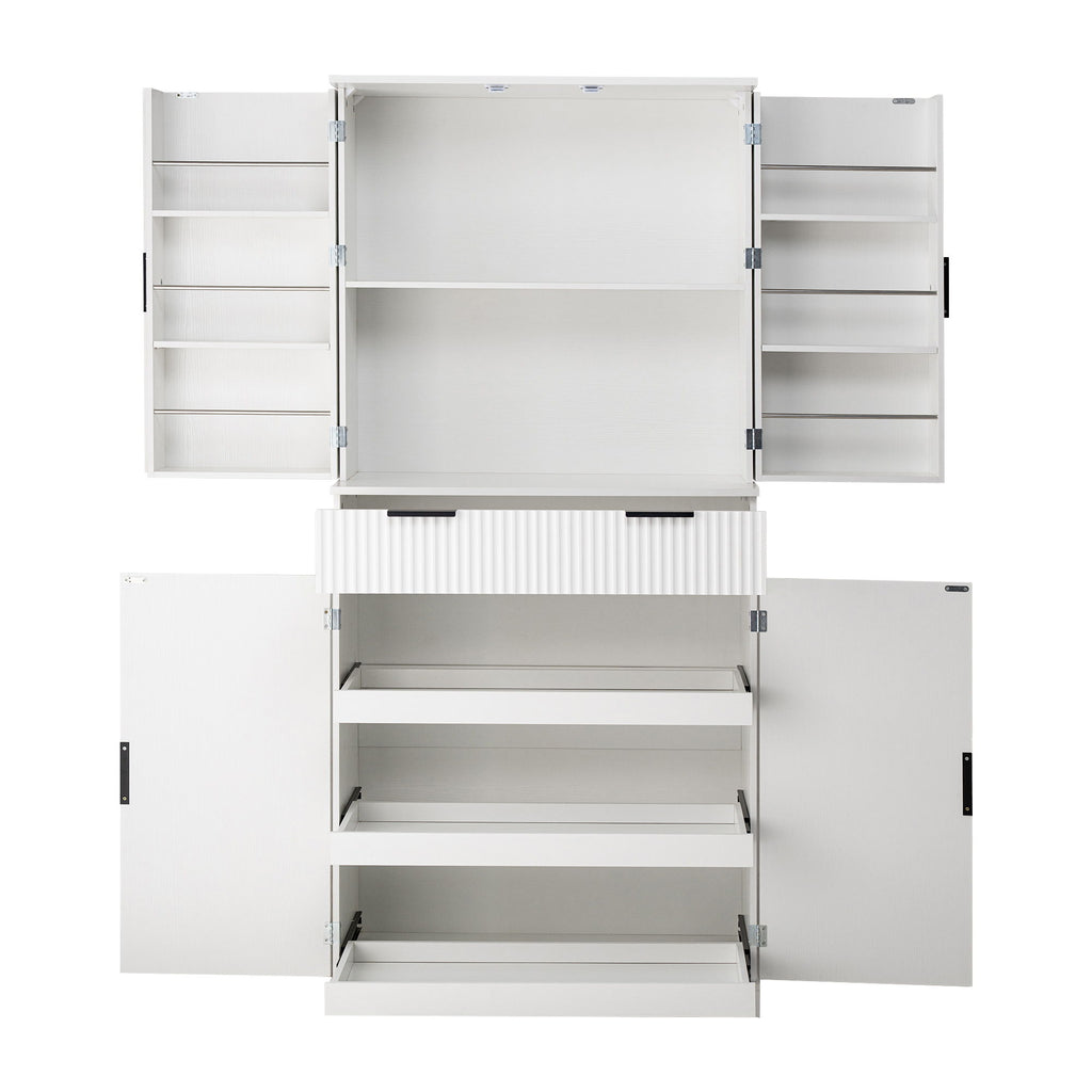 Fluted Kitchen Pantry Cabinet With 3 Keyboard Drawers & 6 Adjustable Door Shelves