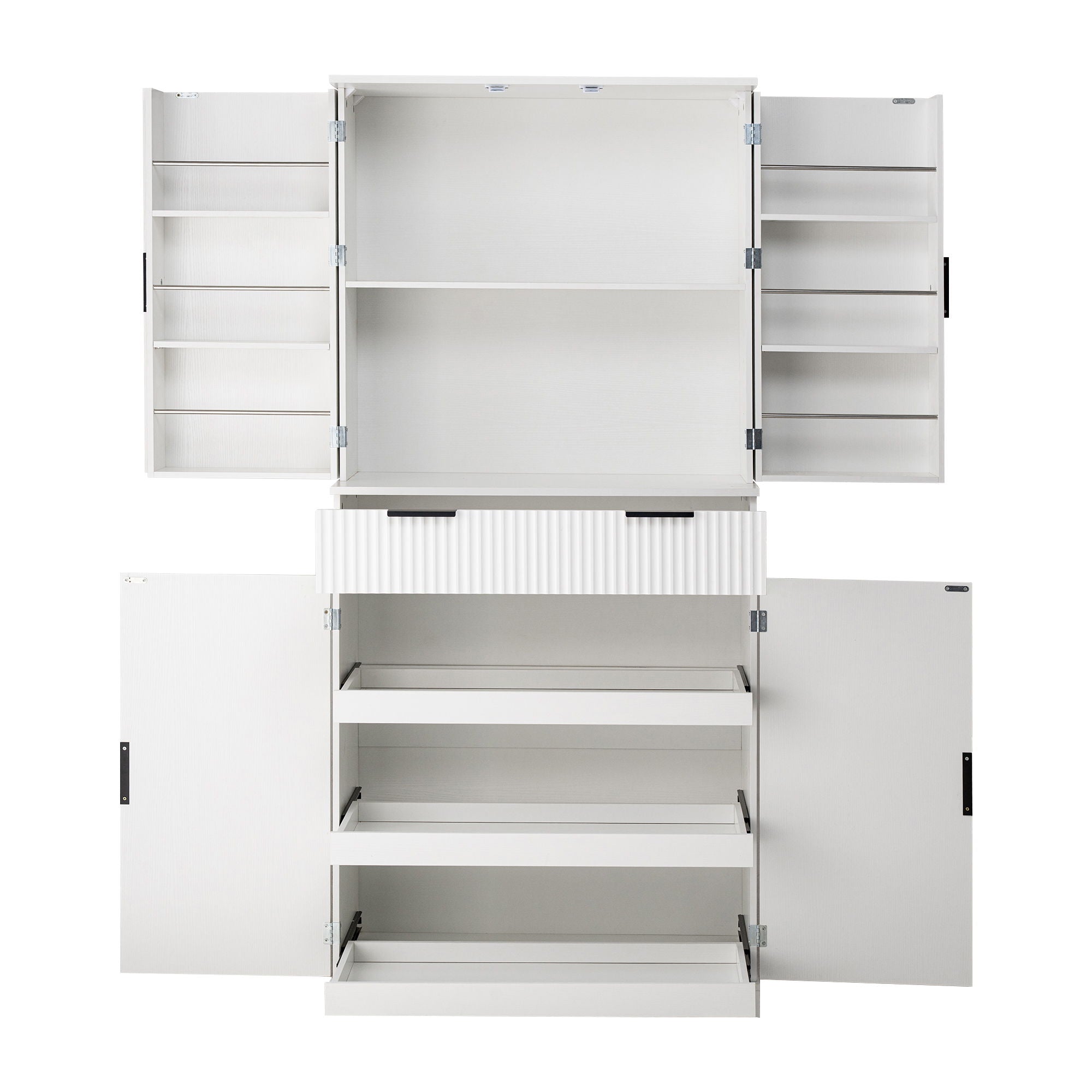 Fluted Kitchen Pantry Cabinet With 3 Keyboard Drawers & 6 Adjustable Door Shelves