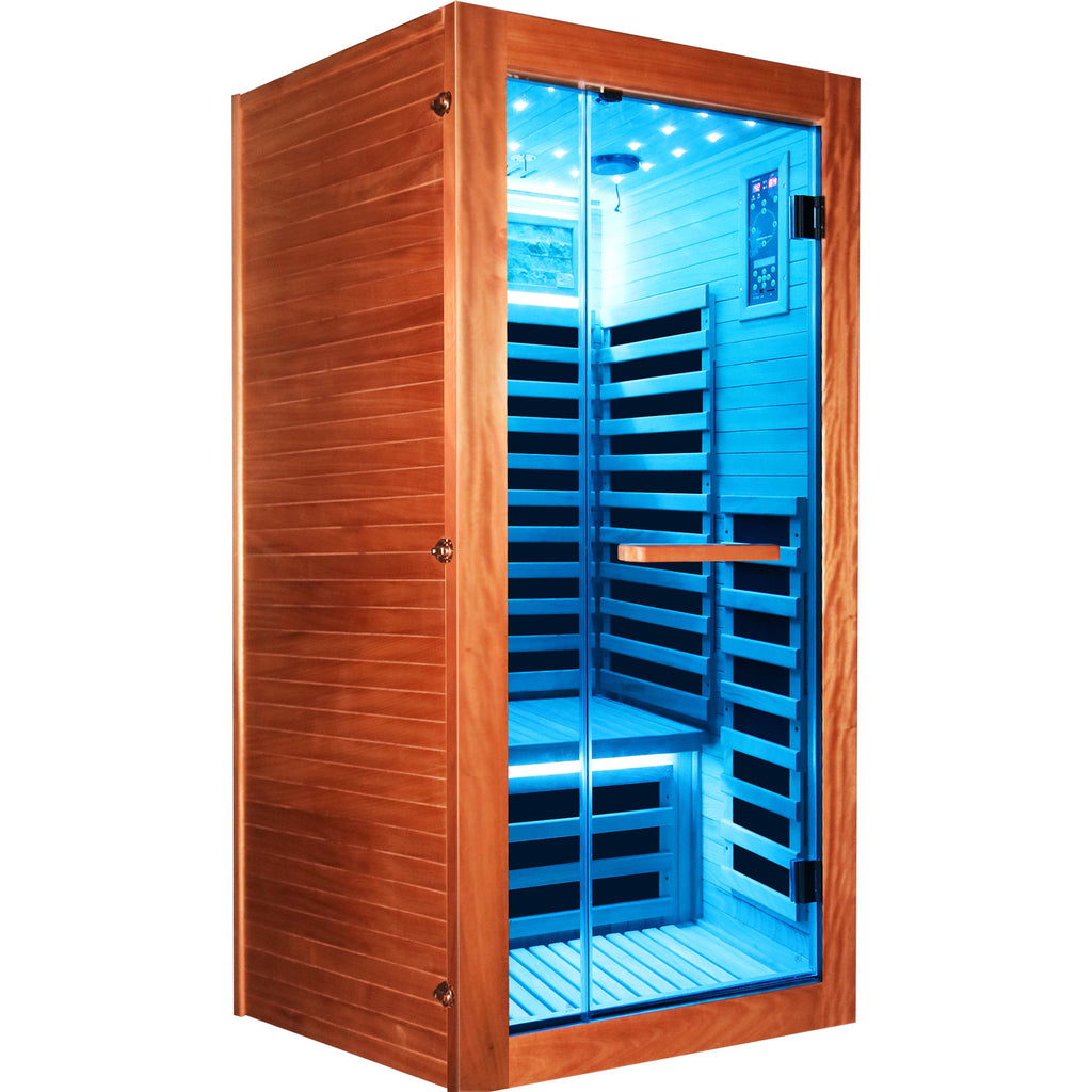 Single Person Sauna Room With LED Lighting, Epoxy Heating Plates, And Compact Design - American White Oak