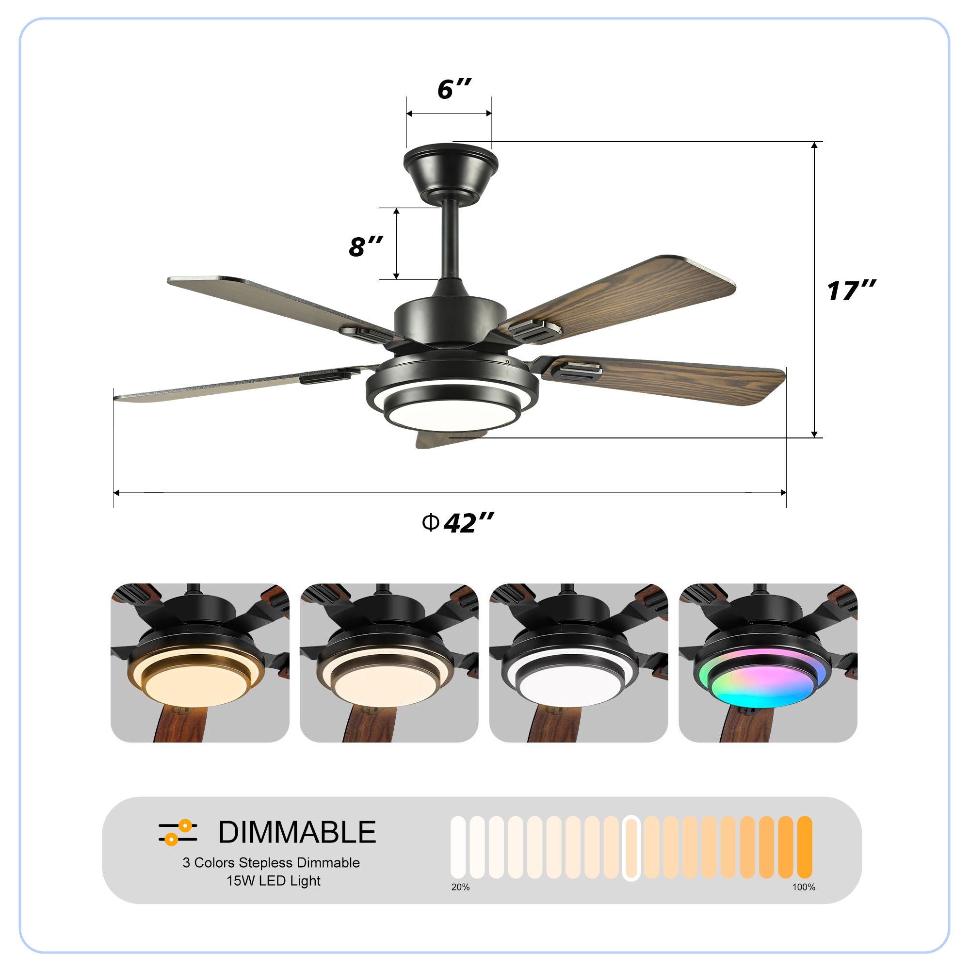 5 Blades Ceiling Fan With LED Light 3000 - 6500K Dimmable, 6 Speed Levels, Reversible Ceiling Fan - Matte Black