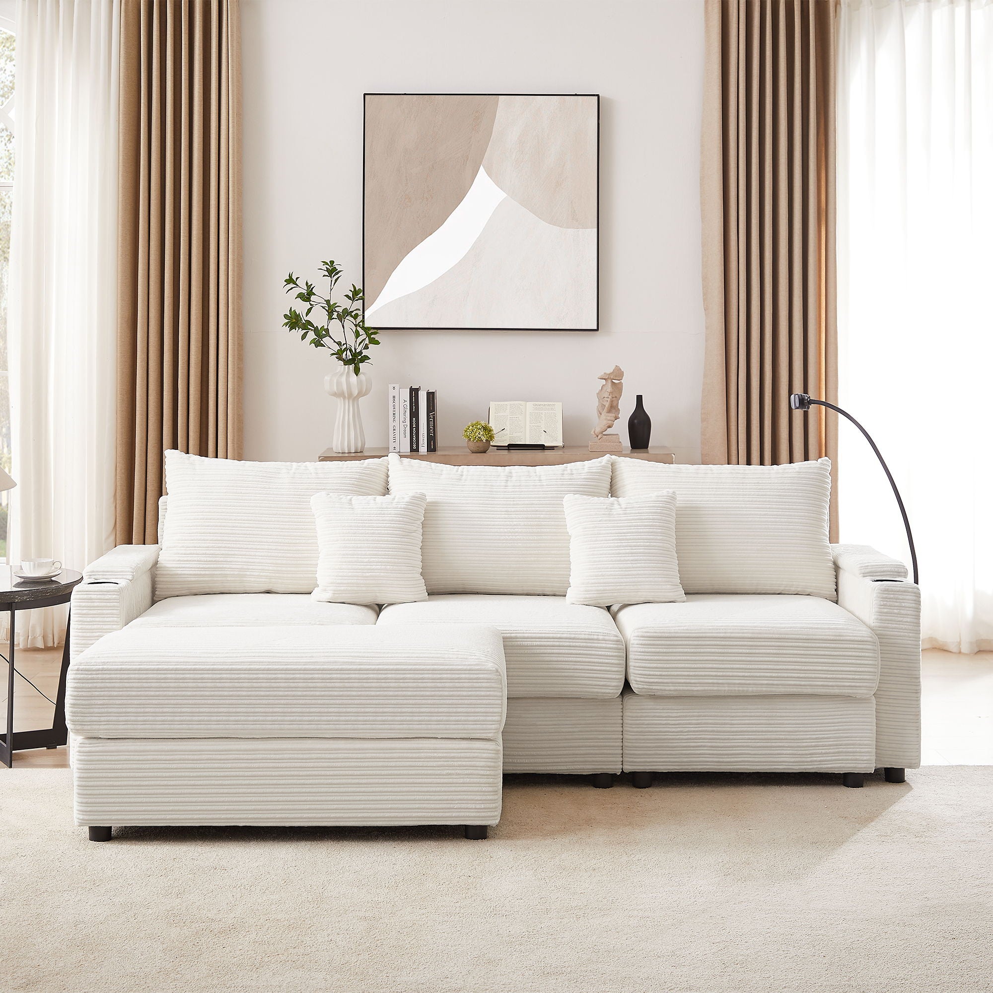 Modern Style Single Sofa Sofa Couch With Storage Space, A Movable Ottoman, 2 USB Ports, 2 Cup Holders, A Phone Holder For Living Room