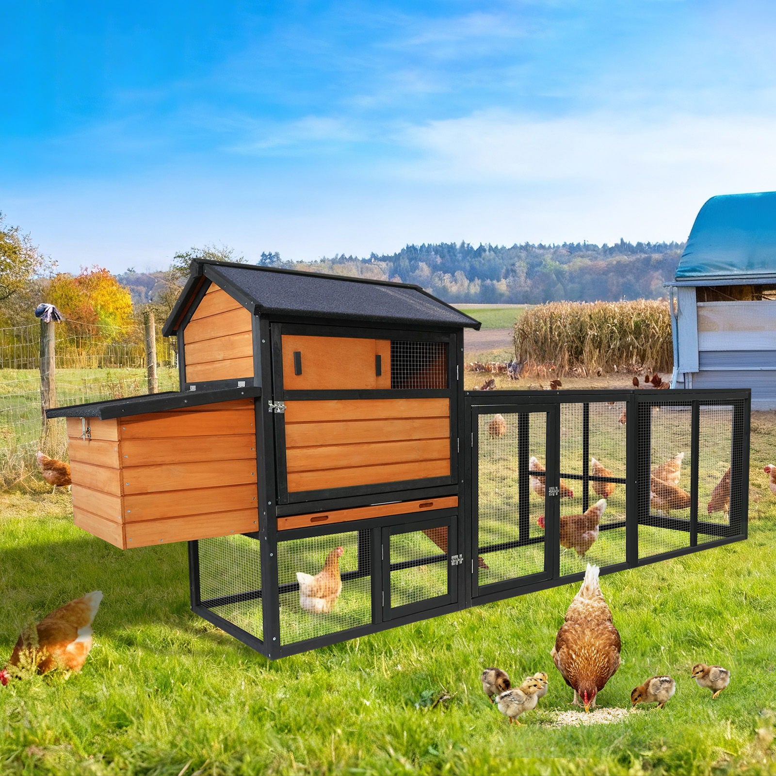 Chicken Coop, Large Outdoor Hen House & Run And Nesting Box Poultry Cage, Rabbit Hutch - Brown / Black