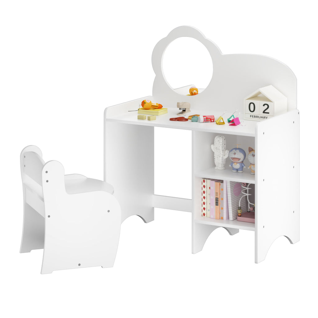 Kids Vanity Table With Mirror And Chair, Dressing Makeup Desk With Storage Shelves - White