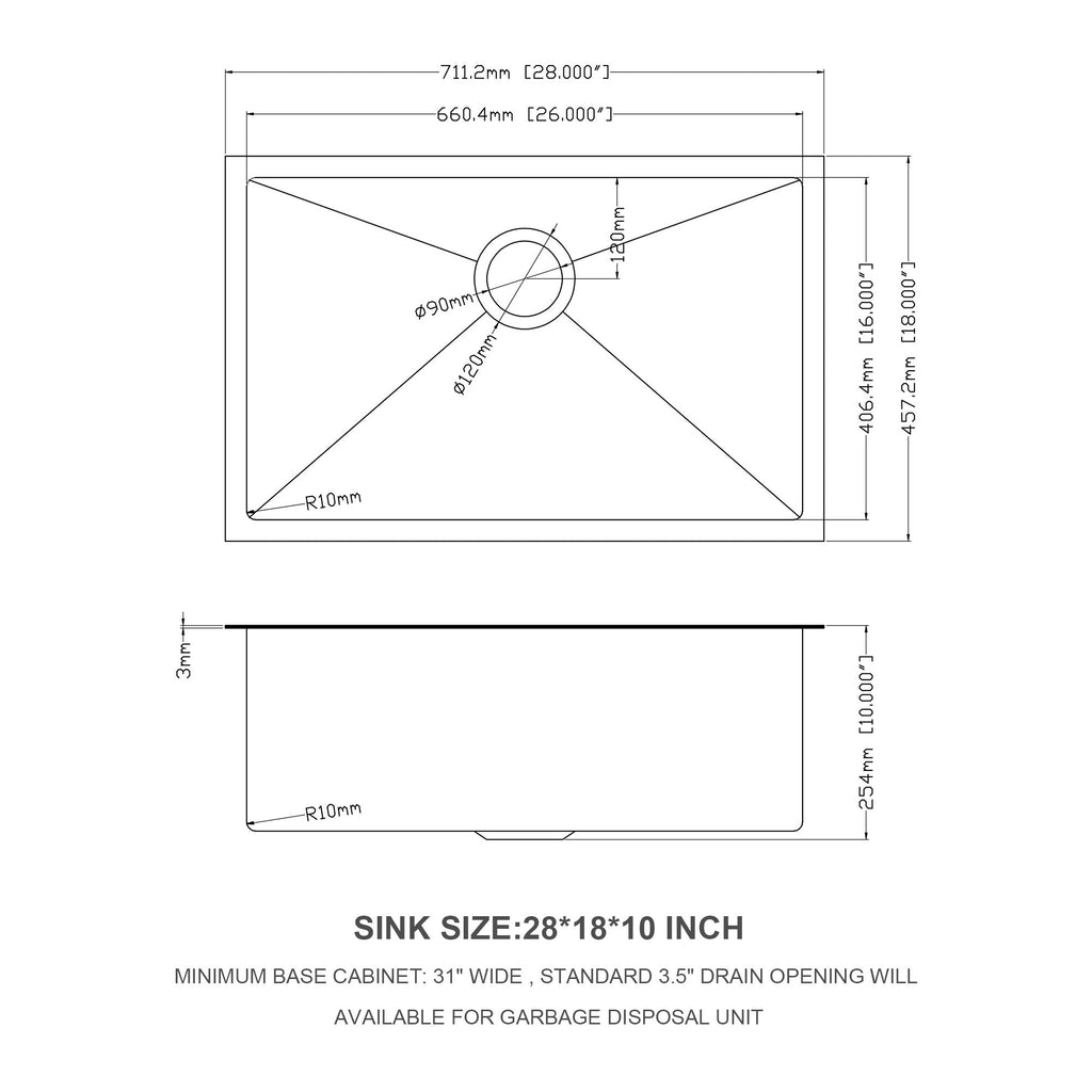 28" Undermount Kitchen Sink 16 Gauge 10" Deep Single Bowl - Gunmetal Black