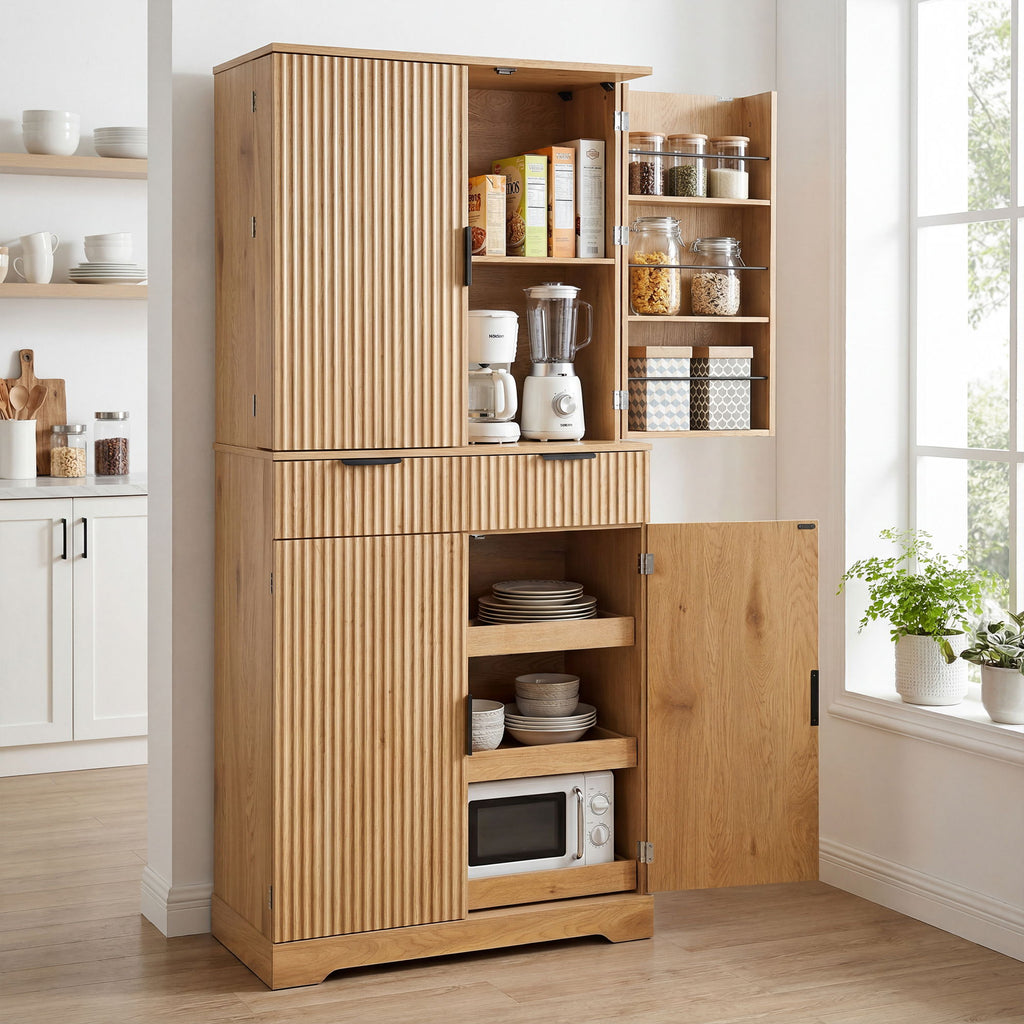 Fluted Kitchen Pantry Cabinet With 3 Keyboard Drawers & 6 Door Shelves Adjustable