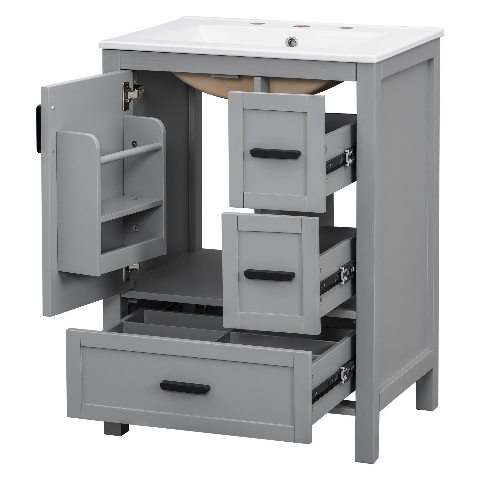 Bathroom Vanity With Sink, Soft Close Door, Double Layer Door Shelf And 3 Drawers - Gray