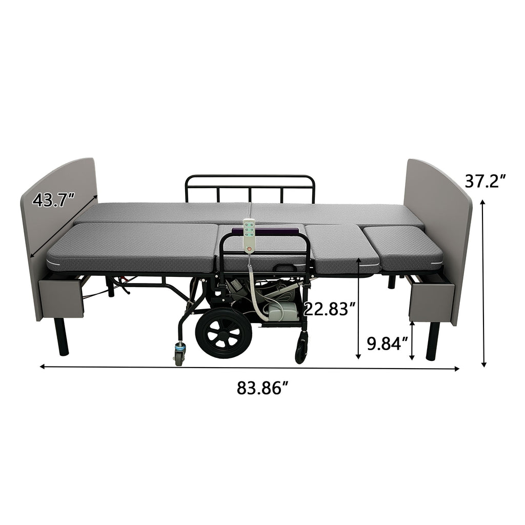Dual Motor 3 In 1 Electric Nursing Bed Convertible To Wheelchair & Stretcher - Gray