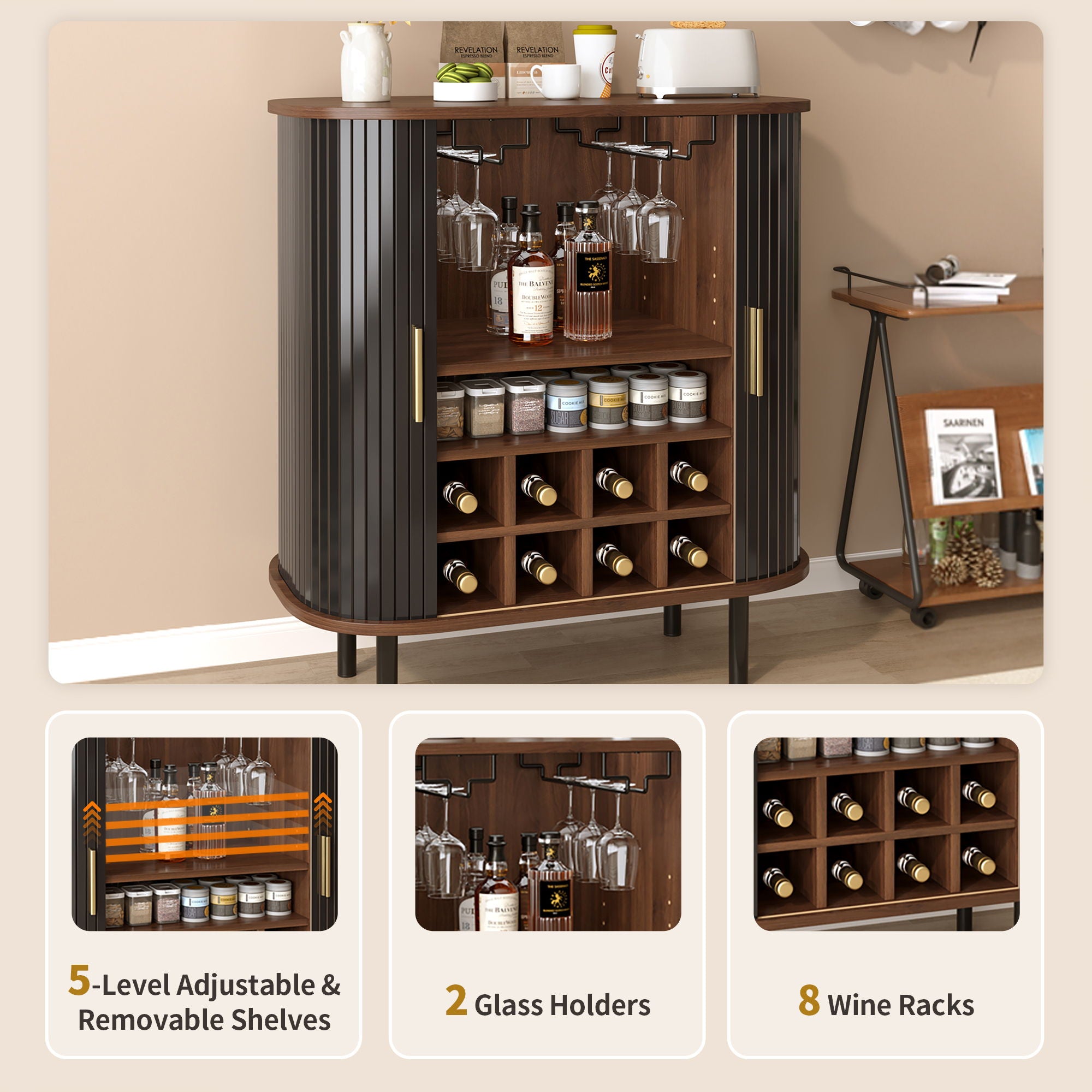 Fluted Wine Bar Cabinet With 8 Grid Wine Rack, 5 Level Adjustable Shelves, 2 Glass Holders