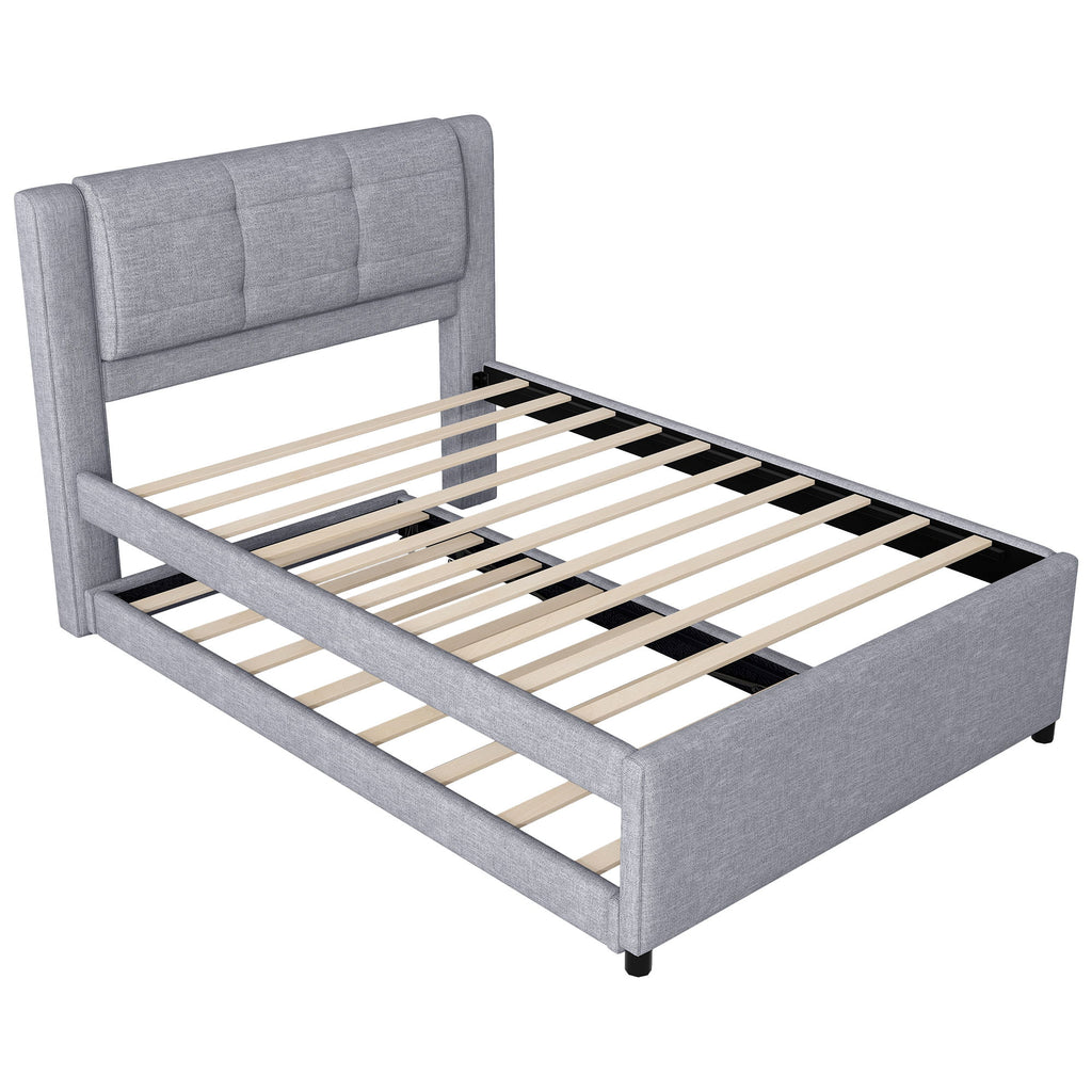 Upholstery Platform Bed With Trundle, Trundle Can Be Flat Or Erected