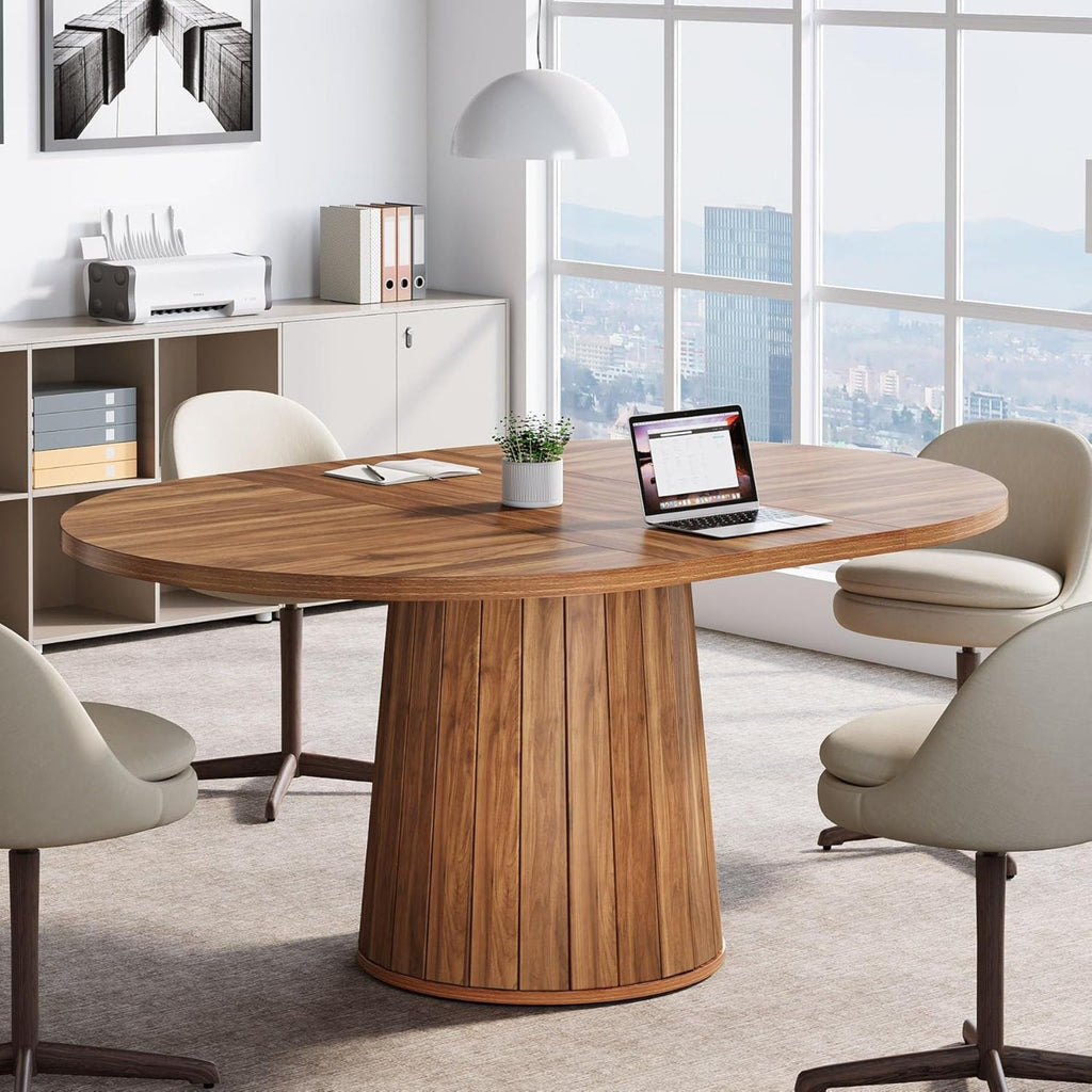 Oval Conference Table, Meeting Room Table With Cylindrical Base - Brown