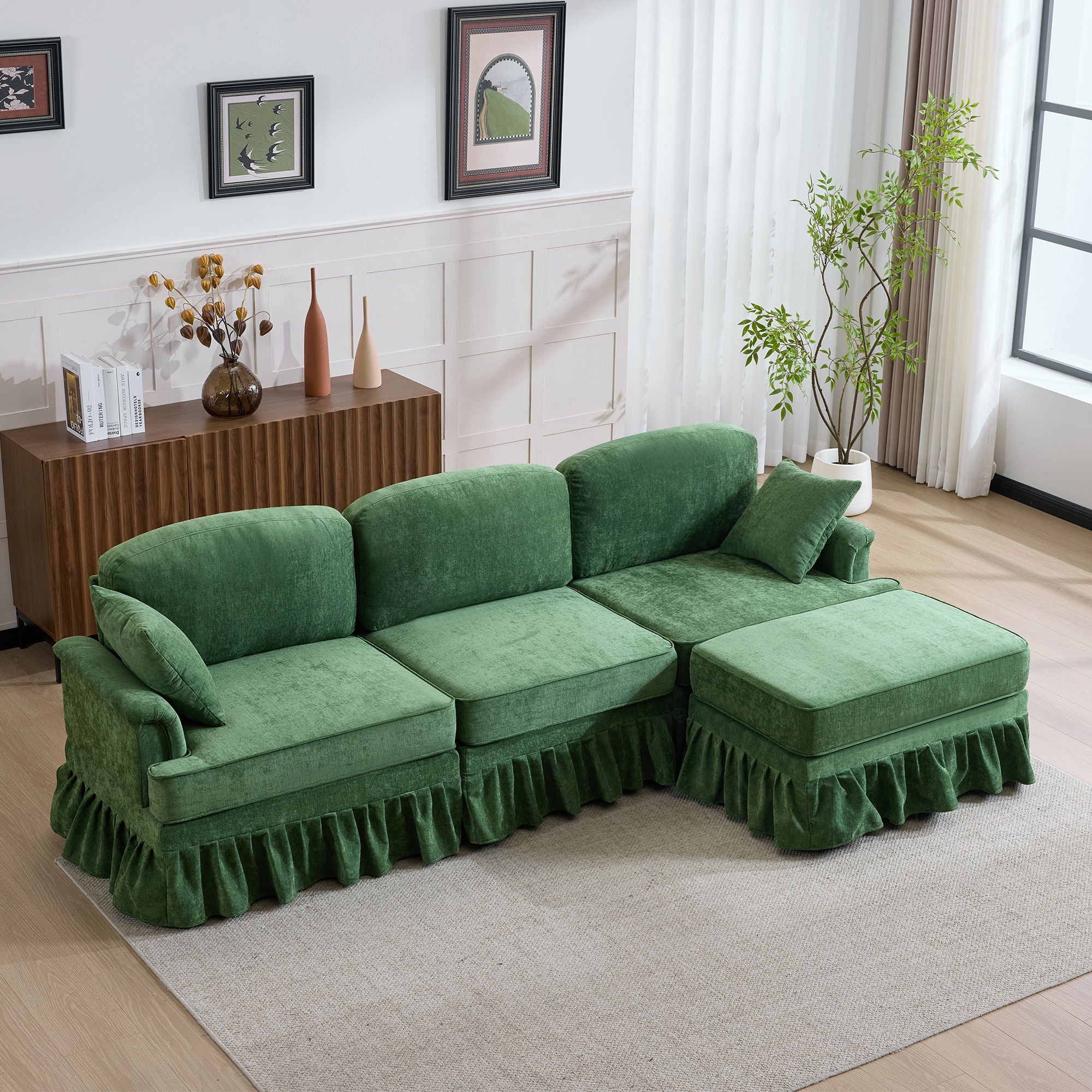 Cloud Sofa With Removable Ruffled Skirt With Ottoman And Flared Arms