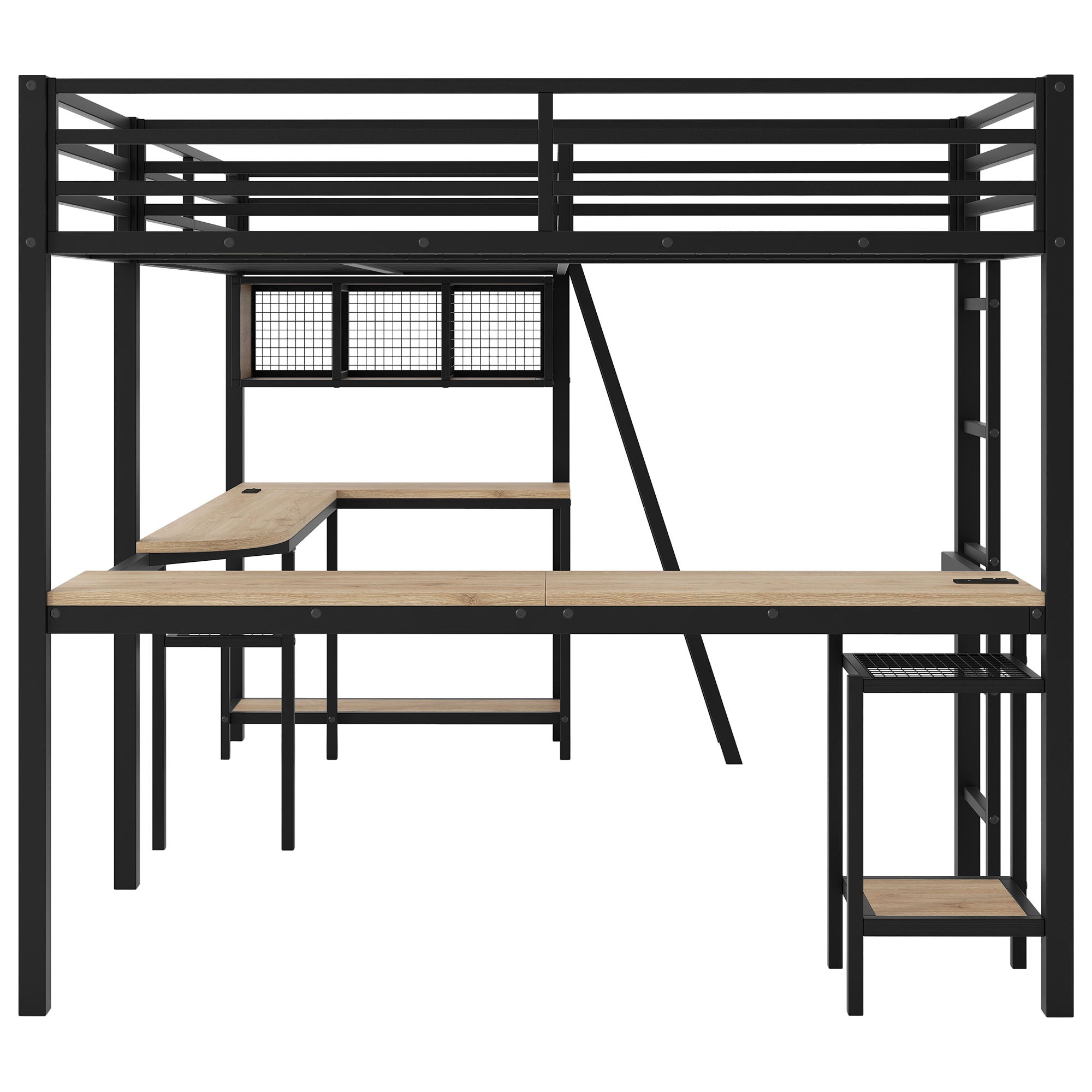 Mission Style Twin L-Shaped Loft Bed With LED, Storage Shelves, 2 Charging Stations, And 2 Built In Desks - Black