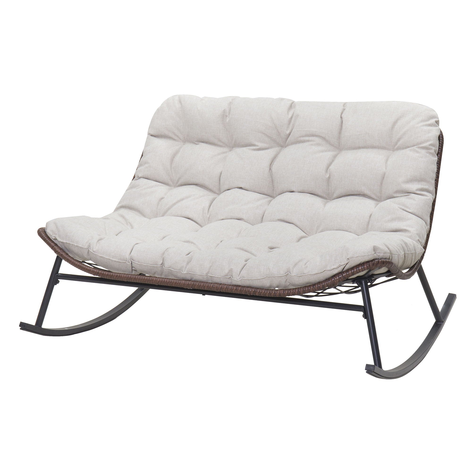 Double Wide Rocking Papasan Chair, 2 Person Outdoor Lounge Seating - Acacia Wood / Beige