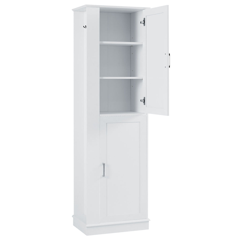 Tall Freestanding Bathroom Storage Cabinet With Adjustable Shelves And Side Hooks