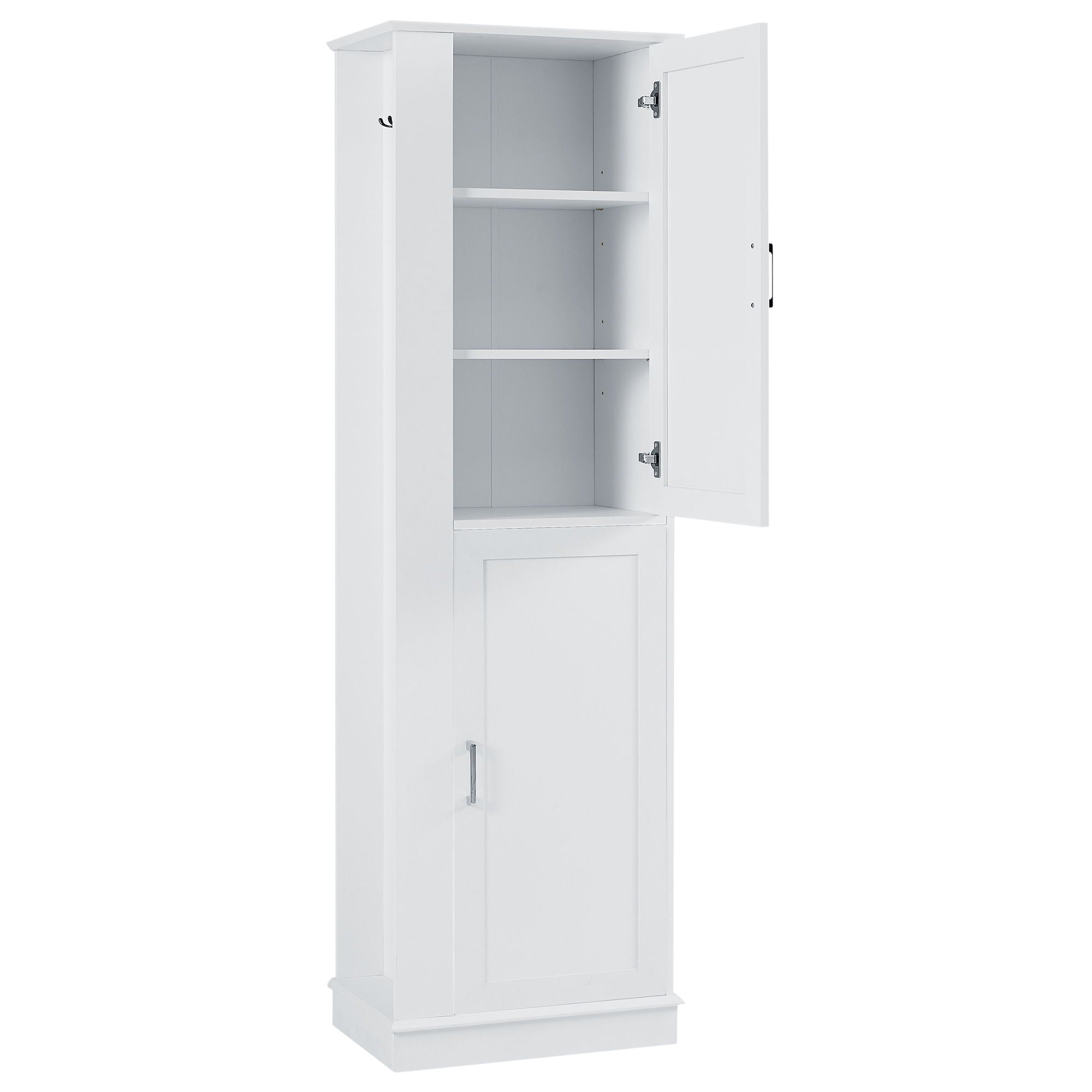 Tall Freestanding Bathroom Storage Cabinet With Adjustable Shelves And Side Hooks