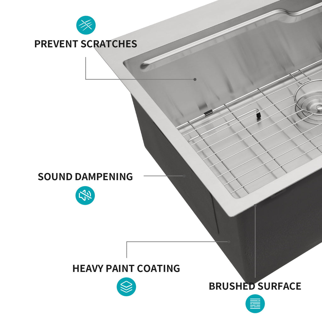 33" Drop In Kitchen Sink With Ledge Workstation, Single Bowl, 16 Gauge Stainless Steel - Black / Gray