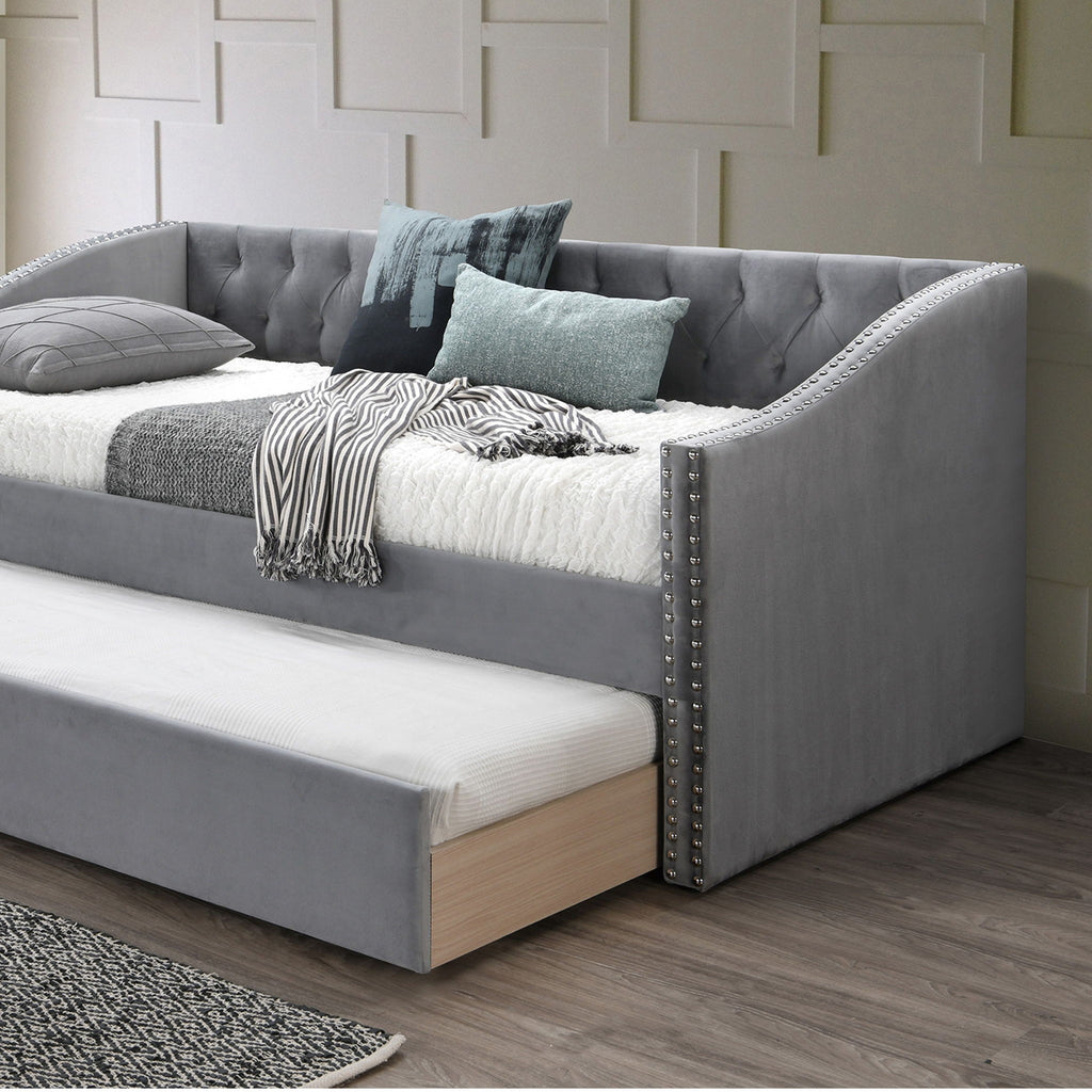 Daybed With Button Tufted Nailhead Trim And Trundle Slat Storage - Gray