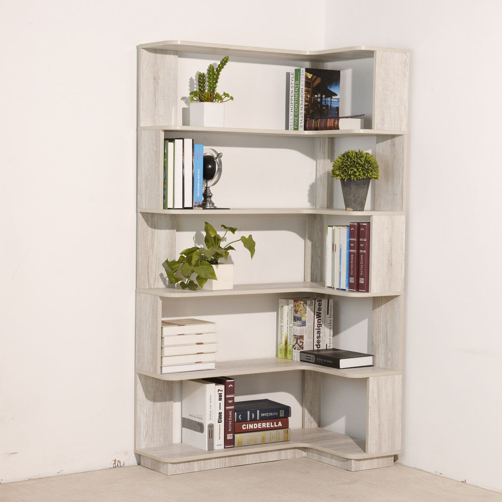 Extended Corner Bookshelf For Living Room - Light Gray
