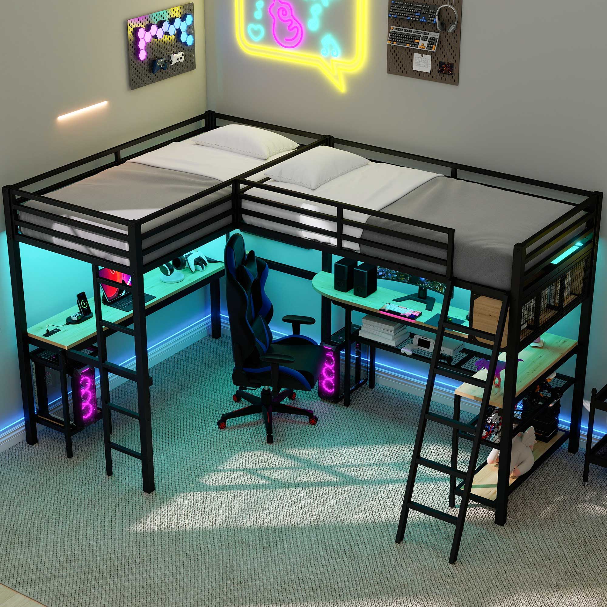 Mission Style Twin L-Shaped Loft Bed With LED, Storage Shelves, 2 Charging Stations, And 2 Built In Desks - Black