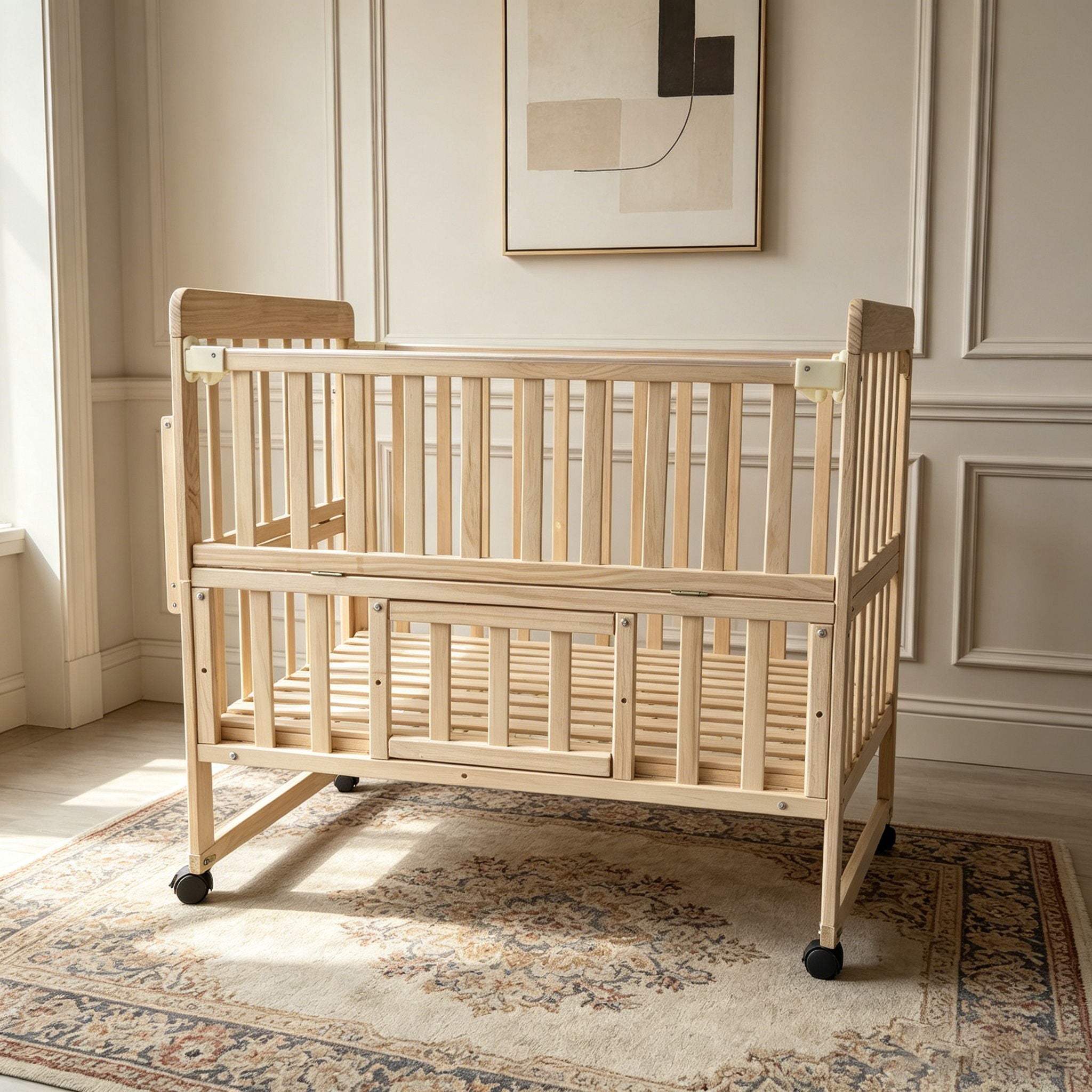 Portable Mini Baby Crib 5 In 1 Convertible With Foldable Storage - Natural Wood