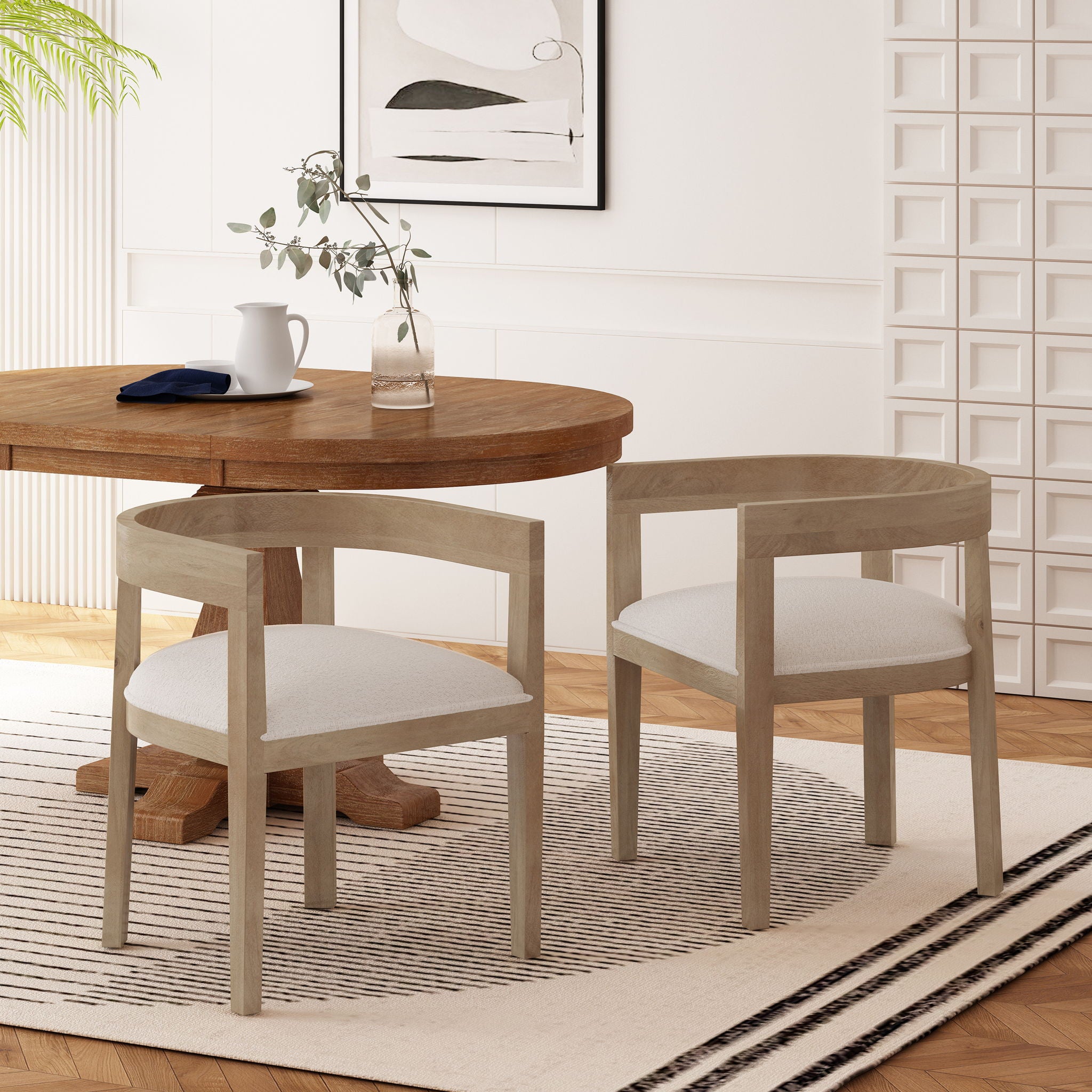Modern Mid Century Dining Arm Chair Set With Upholstered Frame - Natural