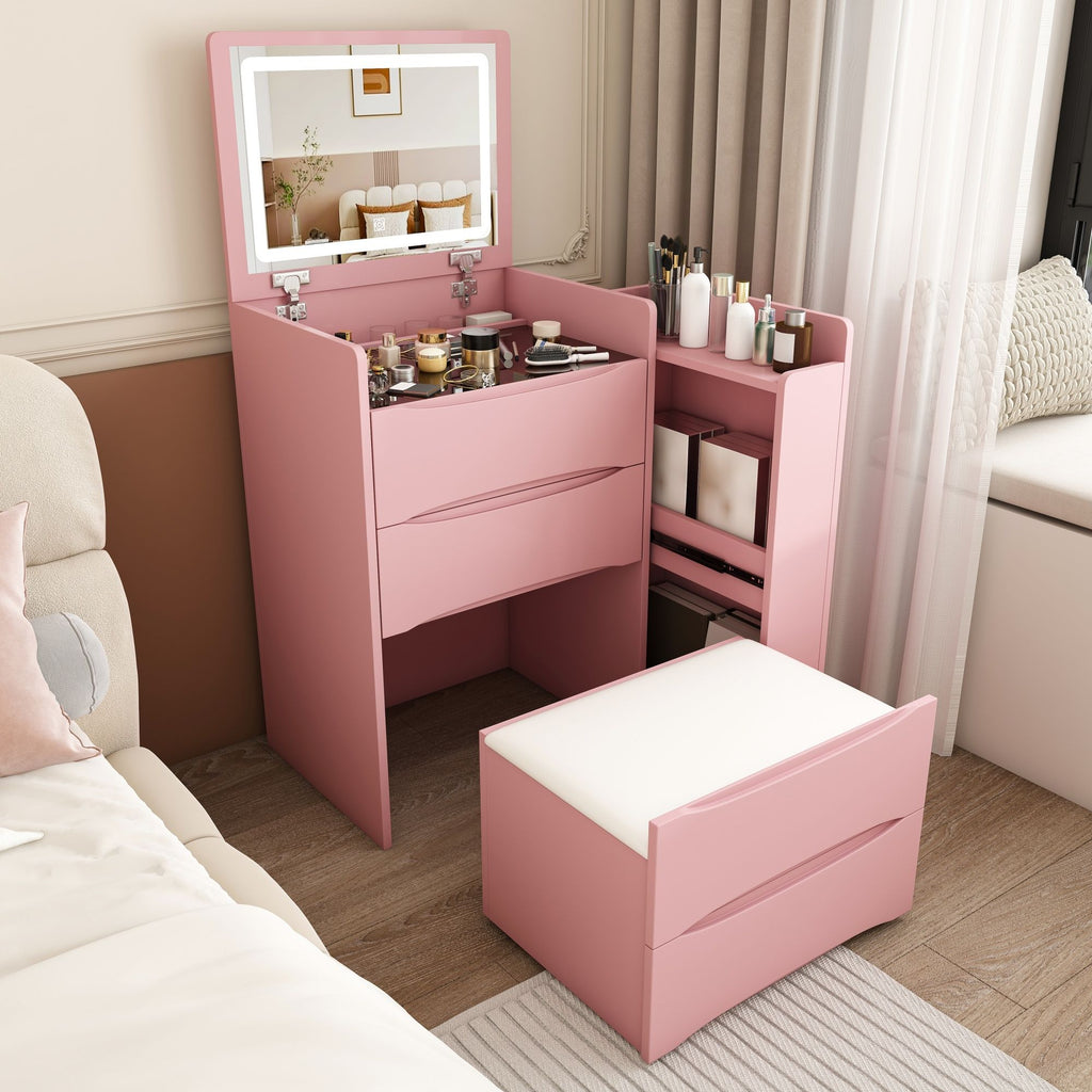 Flip Mirror Vanity Desk With Adjustable LED Lights & Stool For Bedroom
