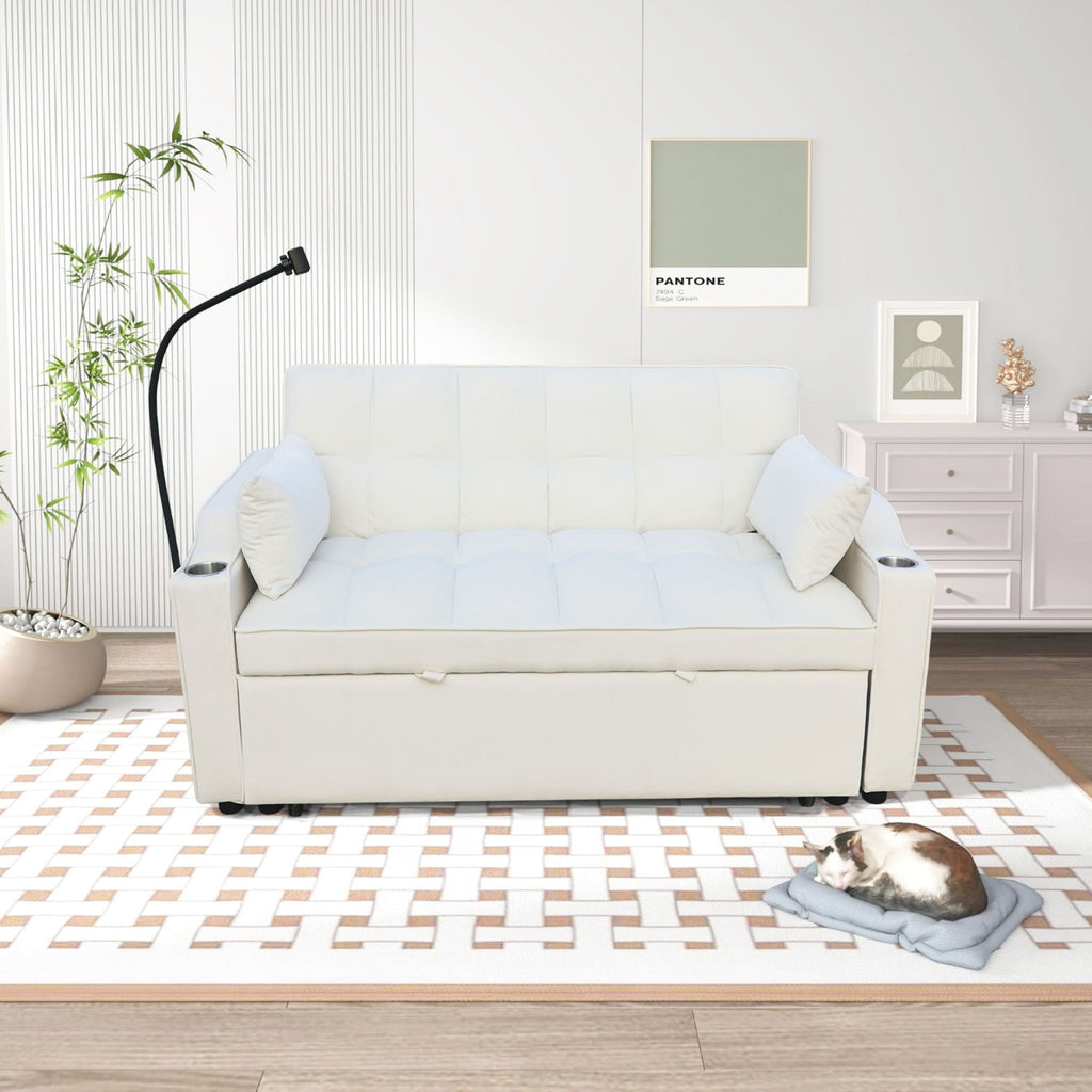 Modern Loveseat Futon Sofa With Pullout Bed, Adjustable Reclining Backrest, Toss Pillows